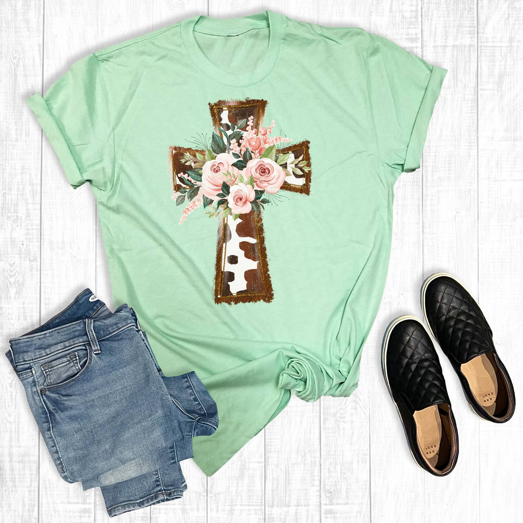 Cow Print Floral Cross - Adult & Kids T-Shirts, Sweatshirts & Hoodies apparel design preview 1