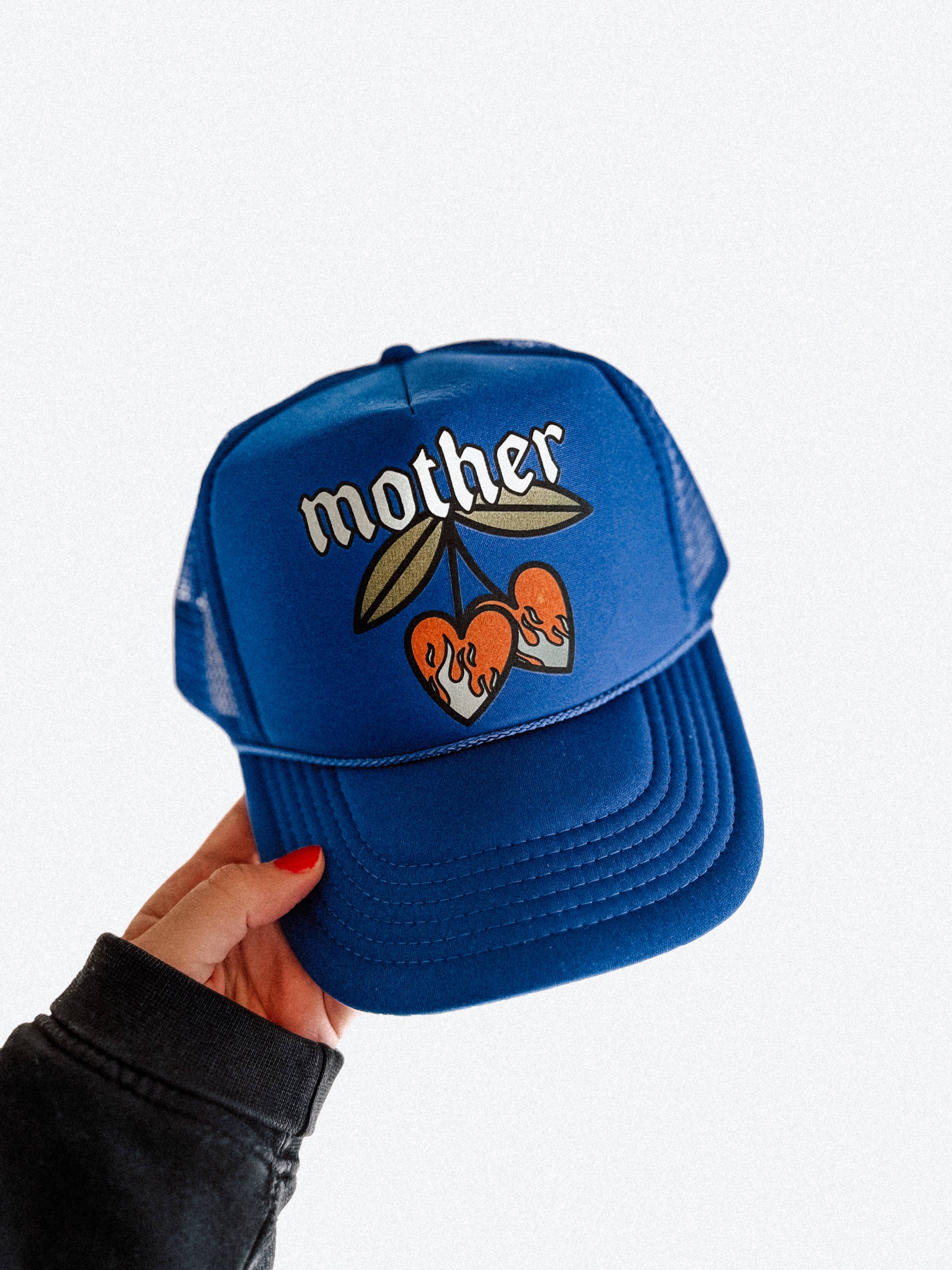 Mother Flaming Cherries Trucker Hat Blue - Adult & Kids T-Shirts, Sweatshirts & Hoodies apparel design preview 1