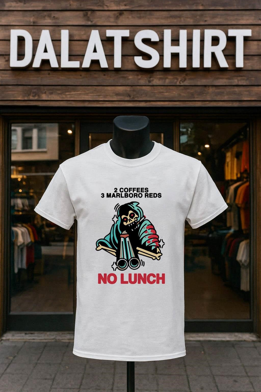 2 Coffees 3 Marlboro Reds Skeleton Holding Shotgun No - Adult & Kids T-Shirts, Sweatshirts & Hoodies apparel design preview 1