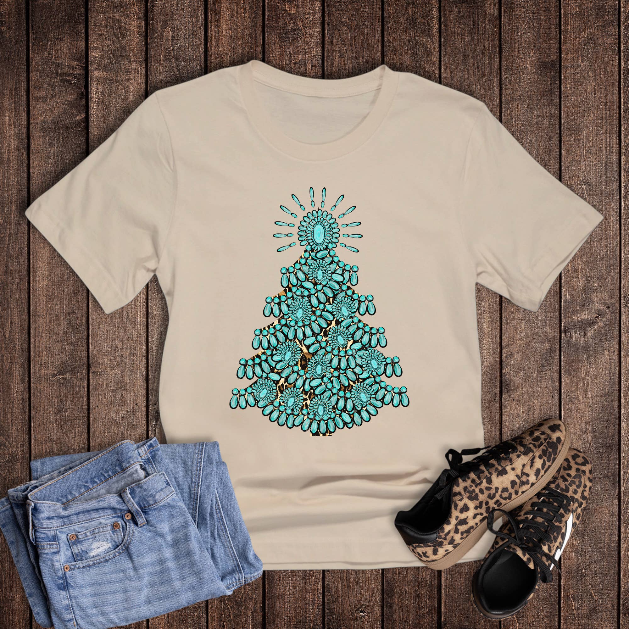 Christmas Western Turquoise Tree with Cheetah Graphic - Adult & Kids T-Shirts, Sweatshirts & Hoodies apparel design preview 1