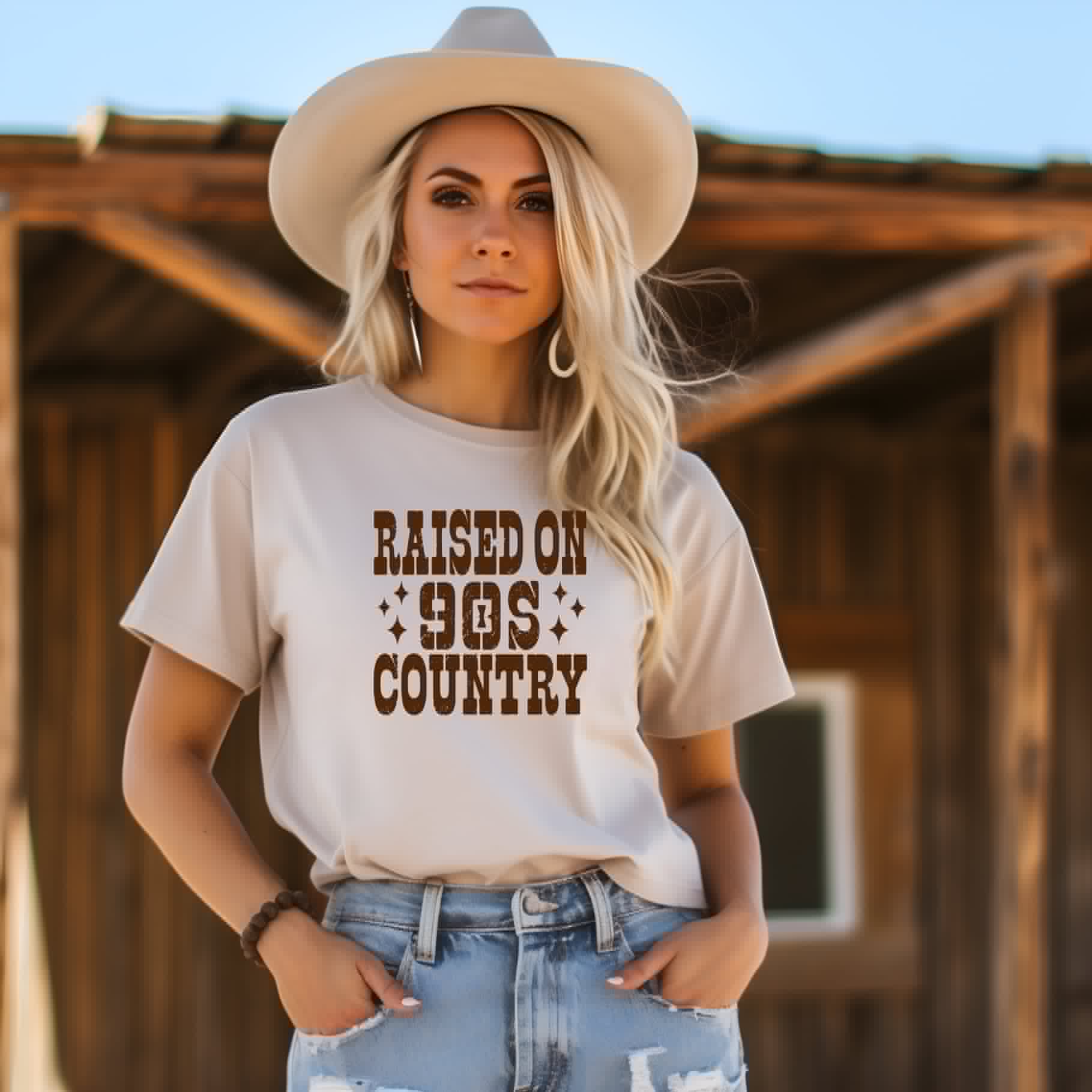 Raised On 90's Country Cream Bella Western Graphic - Adult & Kids T-Shirts, Sweatshirts & Hoodies apparel design preview 1