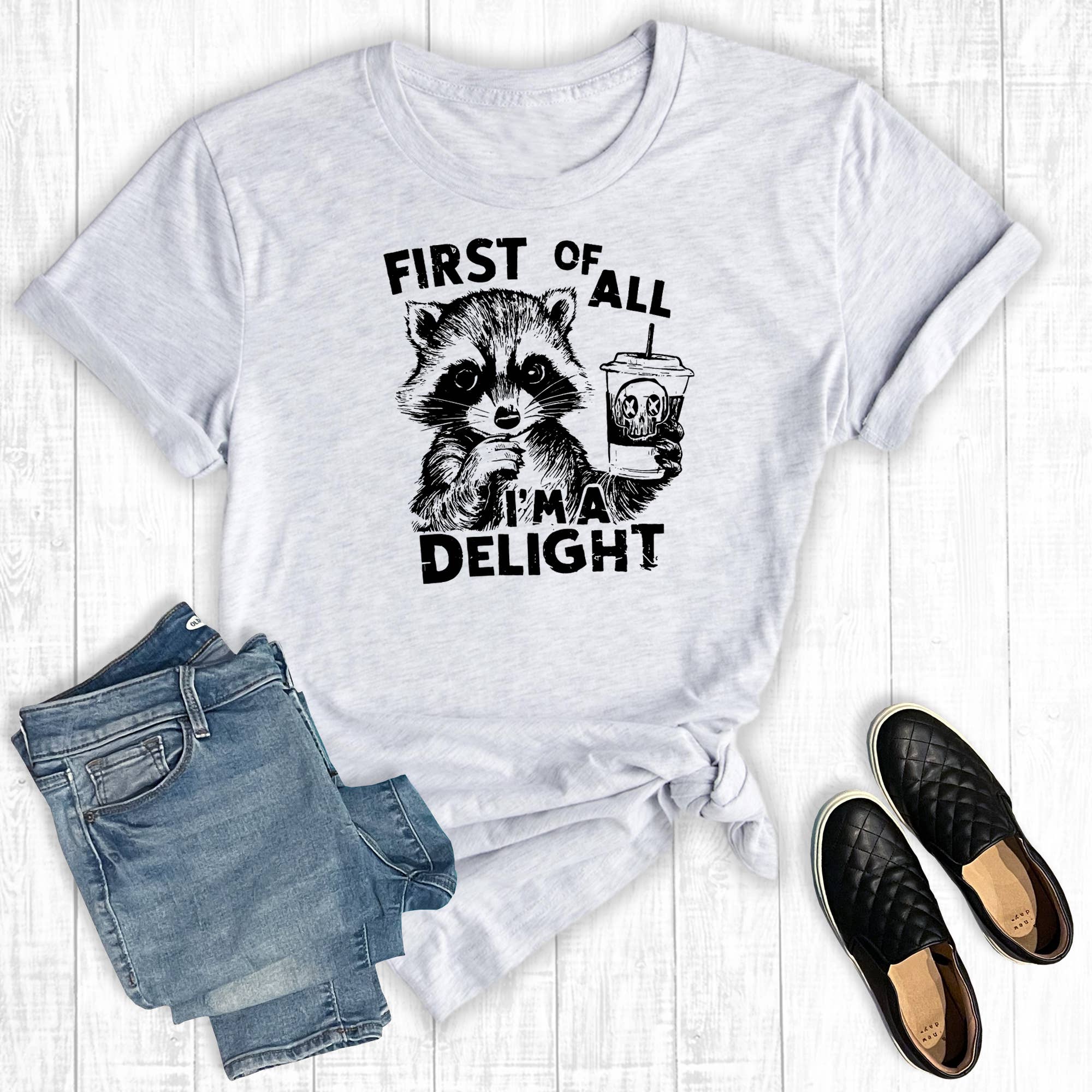 Retro Funny First I'm A Delight Raccoon Graphic - Adult & Kids T-Shirts, Sweatshirts & Hoodies apparel design preview 1