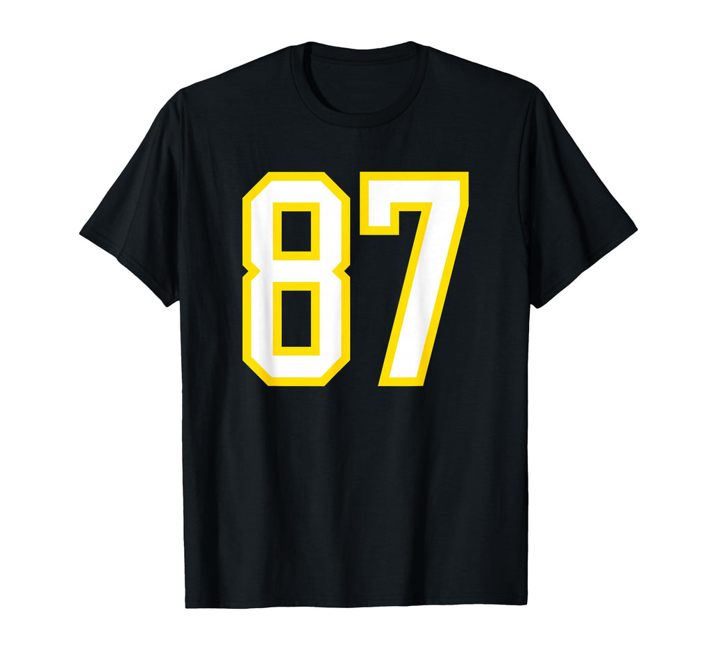 Yellow White Sports Team Number 87 T-Shirt - Unique Graphic for Adults - T-Shirt, Sweatshirt, Hoodie