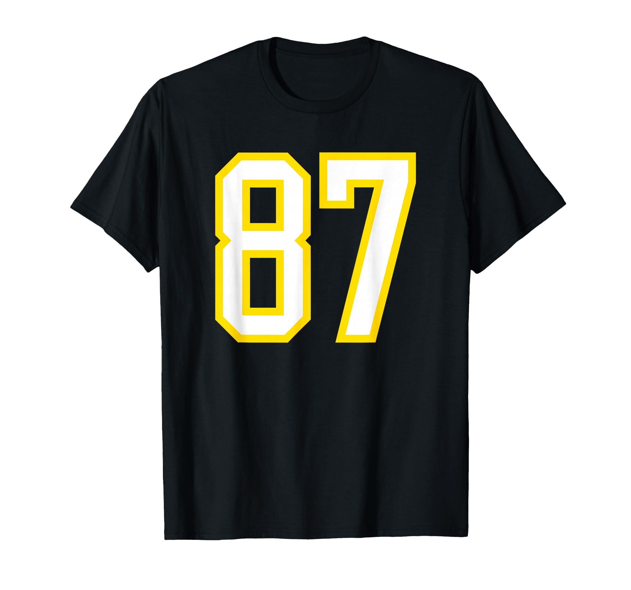 Yellow White Sports Team Number 87 T-Shirt - Unique Graphic for Adults - T-Shirt, Sweatshirt, Hoodie
