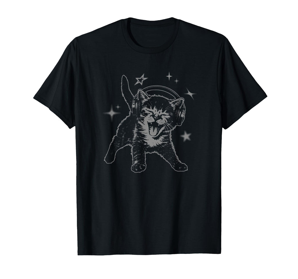 Cat Headphones Stars Silly 90S Grunge T-Shirt - Unique Graphic for Adults - T-Shirt, Sweatshirt, Hoodie