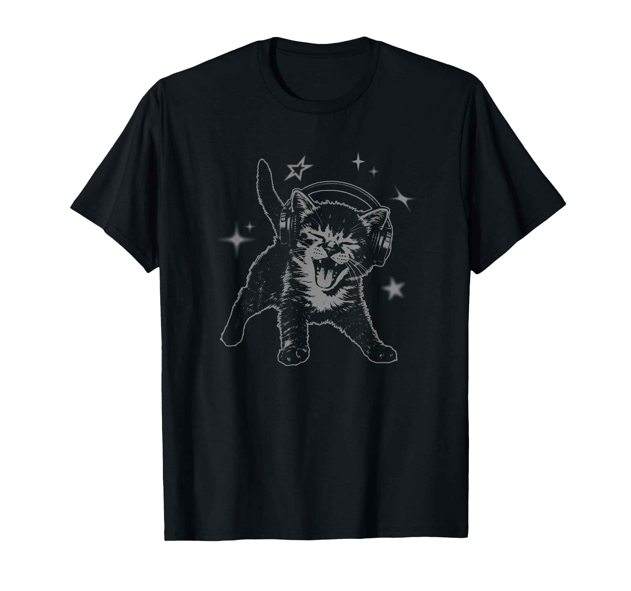 Cat Headphones Stars Silly 90S Grunge T-Shirt - Unique Graphic for Adults - T-Shirt, Sweatshirt, Hoodie