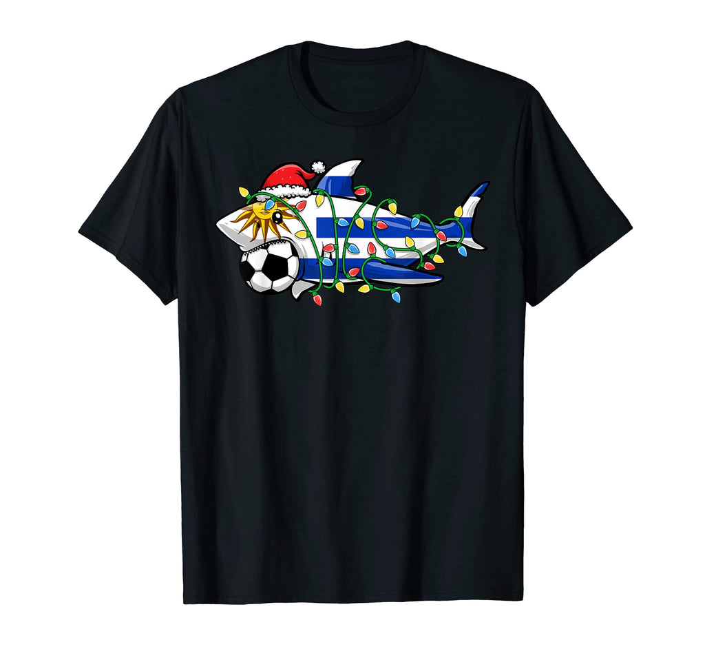 Santa Shark Soccer Football Lights Uruguay T-Shirt - Trendy Graphic Unisex - T-Shirt, Sweatshirt, Hoodie
