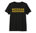 Michigan Soccer Yellow Text Tri Blend T-Shirt - Minimalist Print Unisex - T-Shirt, Sweatshirt, Hoodie