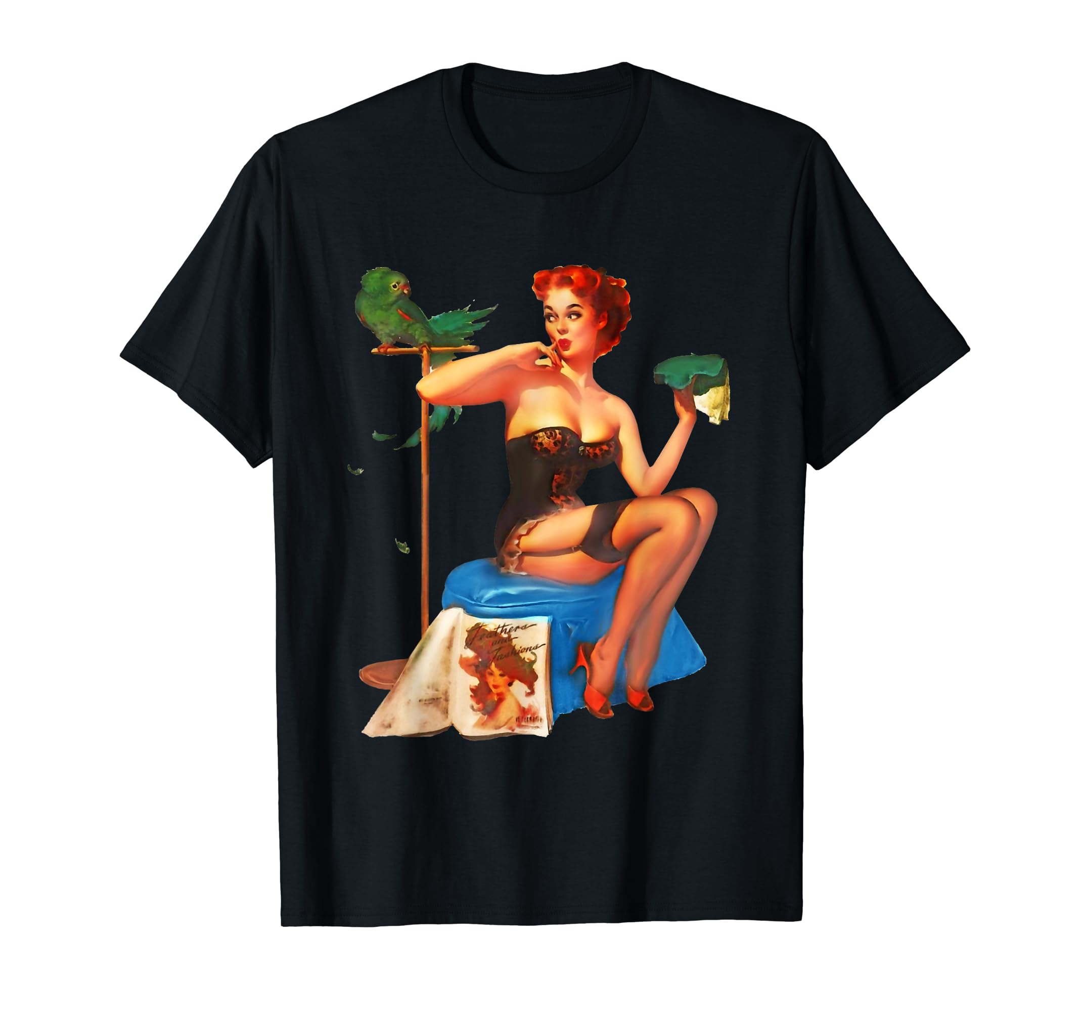 Pin Up Redhead Beauty Lingerie Parrot T-Shirt - Aesthetic Graphic Men Women - T-Shirt, Sweatshirt, Hoodie