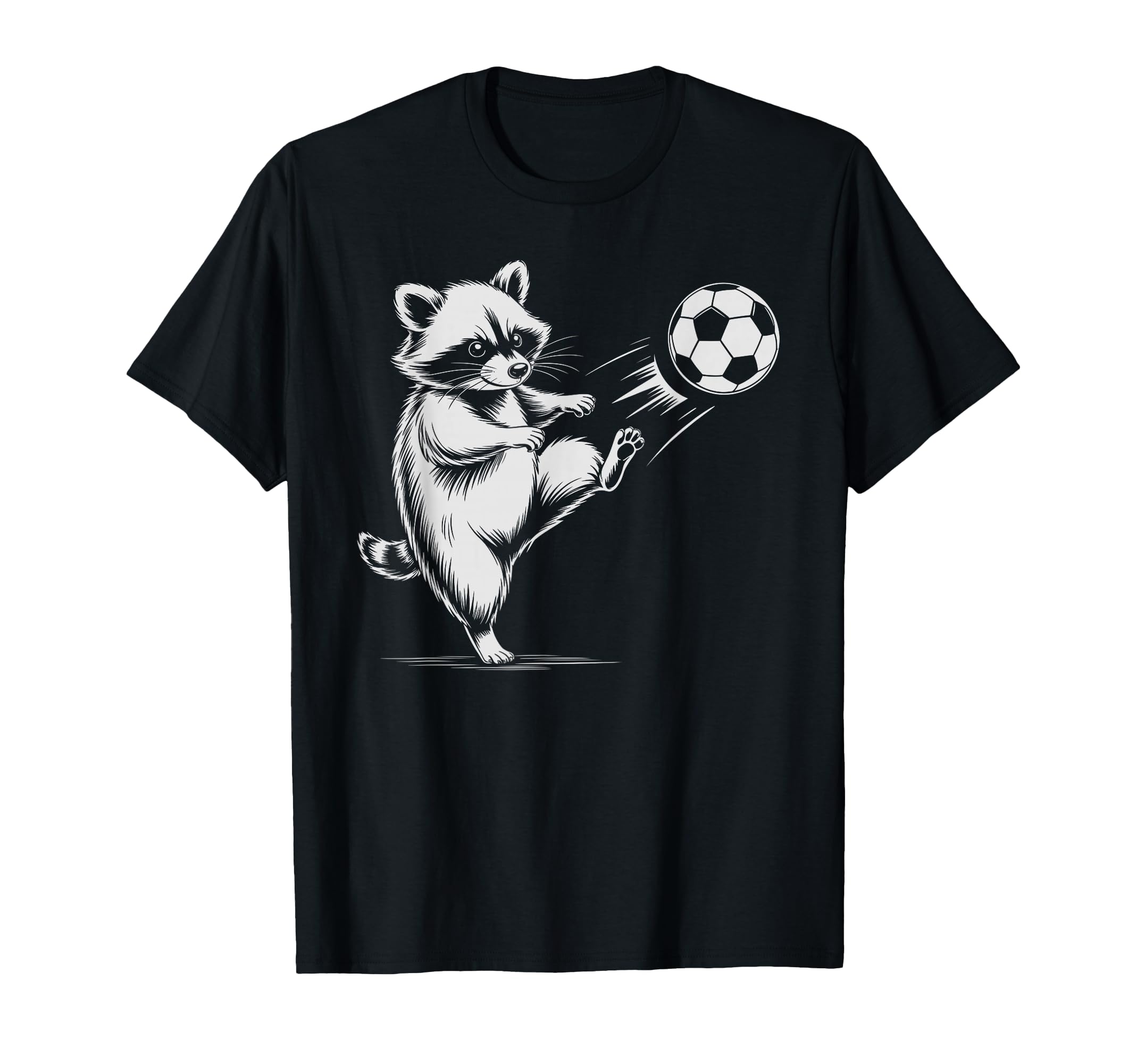 Kawaii Soccer Ball Raccoon Kicking T-Shirt - Unique Graphic Men Women - T-Shirt, Sweatshirt, Hoodie
