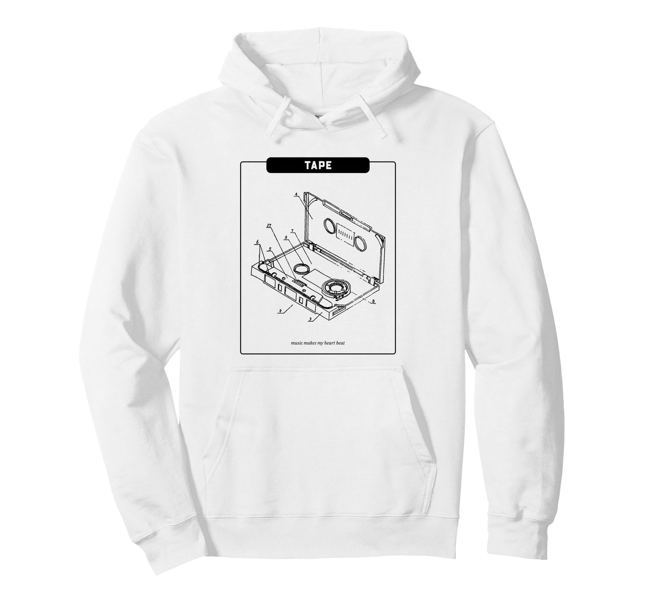 Tape Music Makes My Heart Beat Cassette Hoodie - Novelty Apparel for Adults - T-Shirt, Sweatshirt, Hoodie