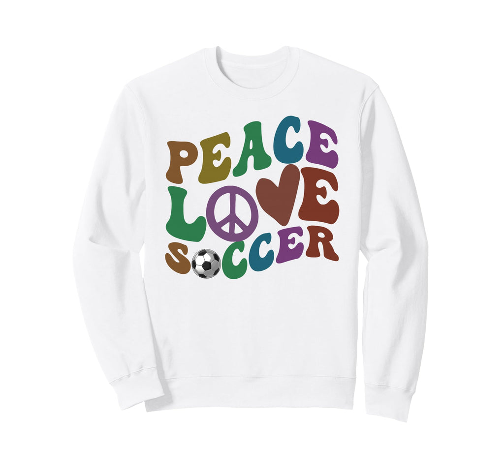 Groovy Peace Love Soccer Kicking Ball Sweatshirt - Graphic Print Unisex - T-Shirt, Sweatshirt, Hoodie