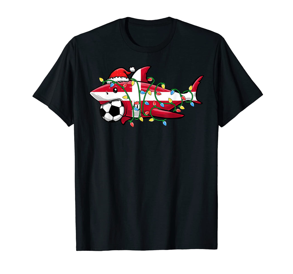 Santa Shark Soccer Football Lights Denmark T-Shirt - Unique Graphic Unisex - T-Shirt, Sweatshirt, Hoodie