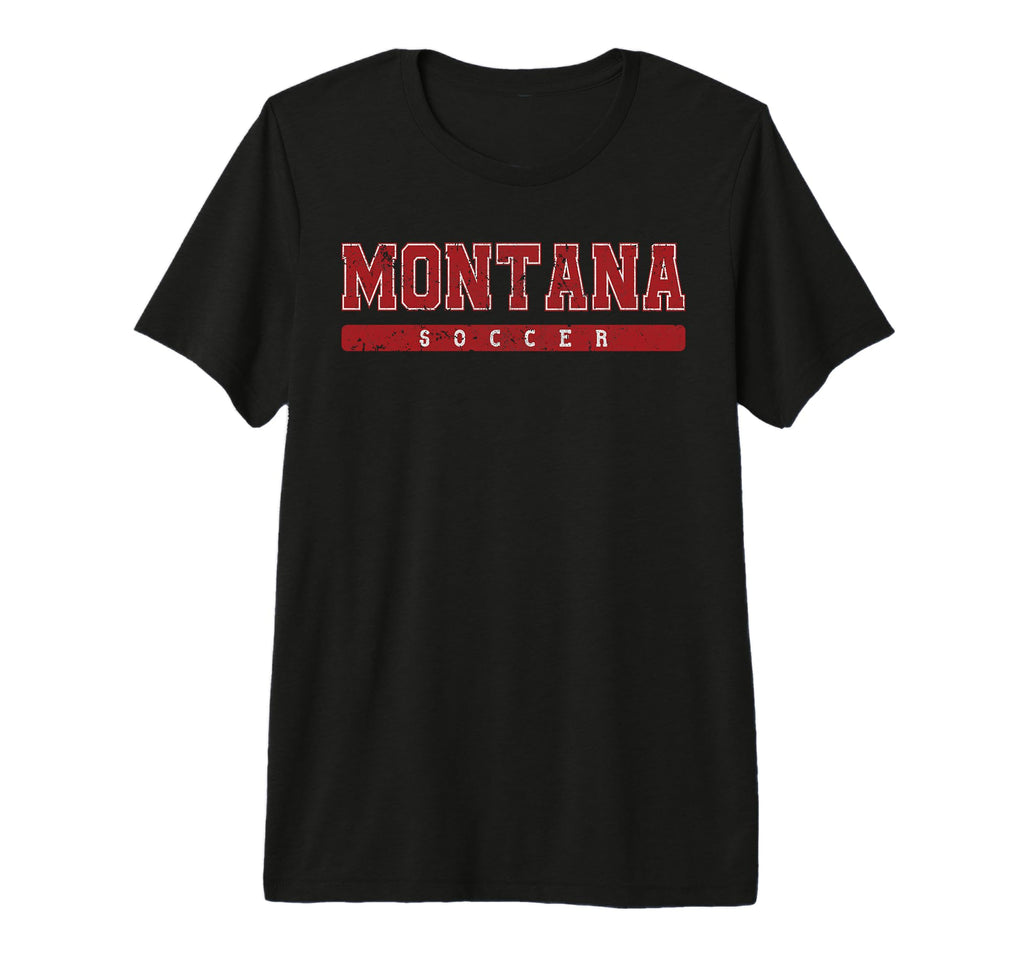 Montana Soccer Red Text Tri Blend T-Shirt - Unique Graphic Unisex - T-Shirt, Sweatshirt, Hoodie