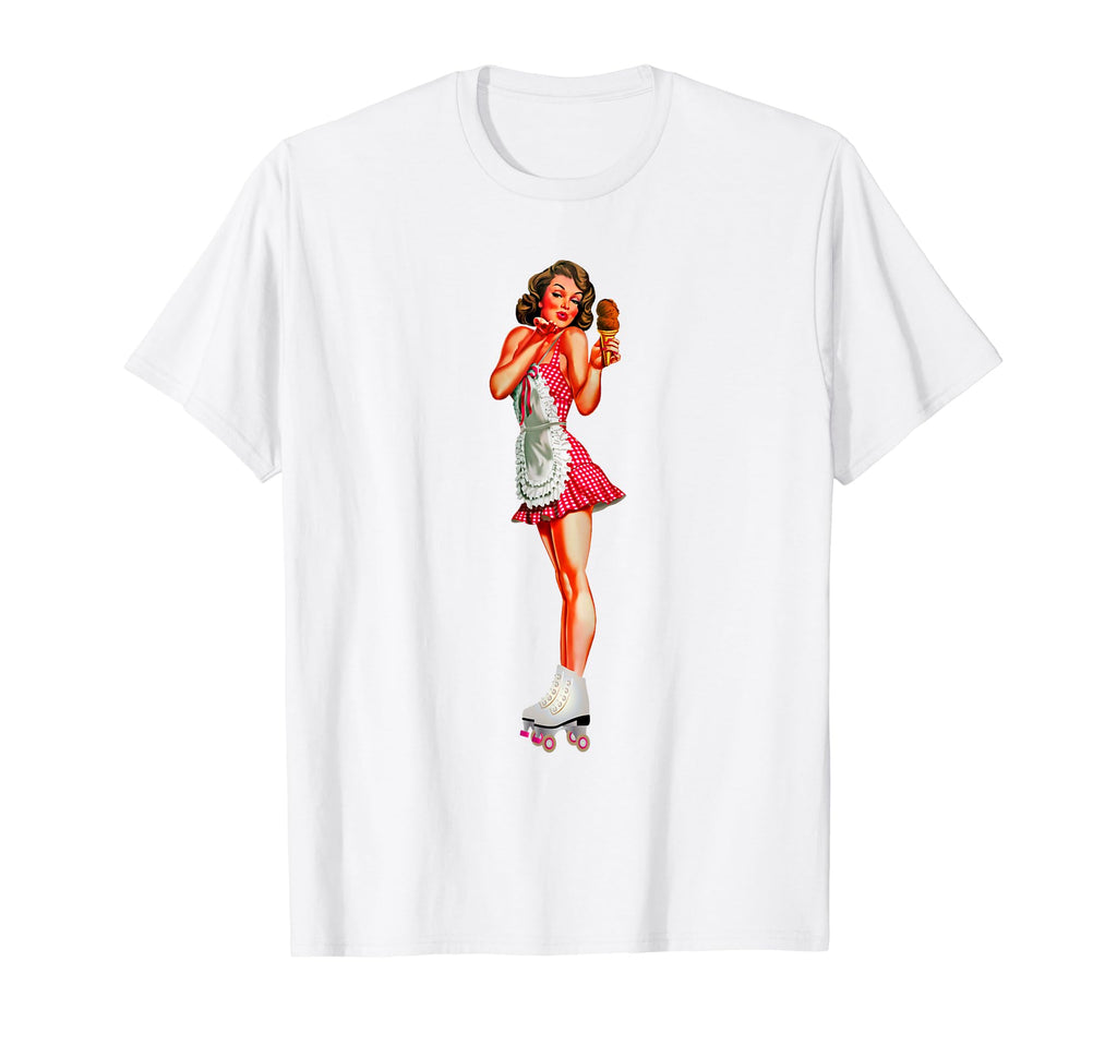 Pin Up Pretty Brunette Roller Skates T-Shirt - Custom Art Print Men Women - T-Shirt, Sweatshirt, Hoodie