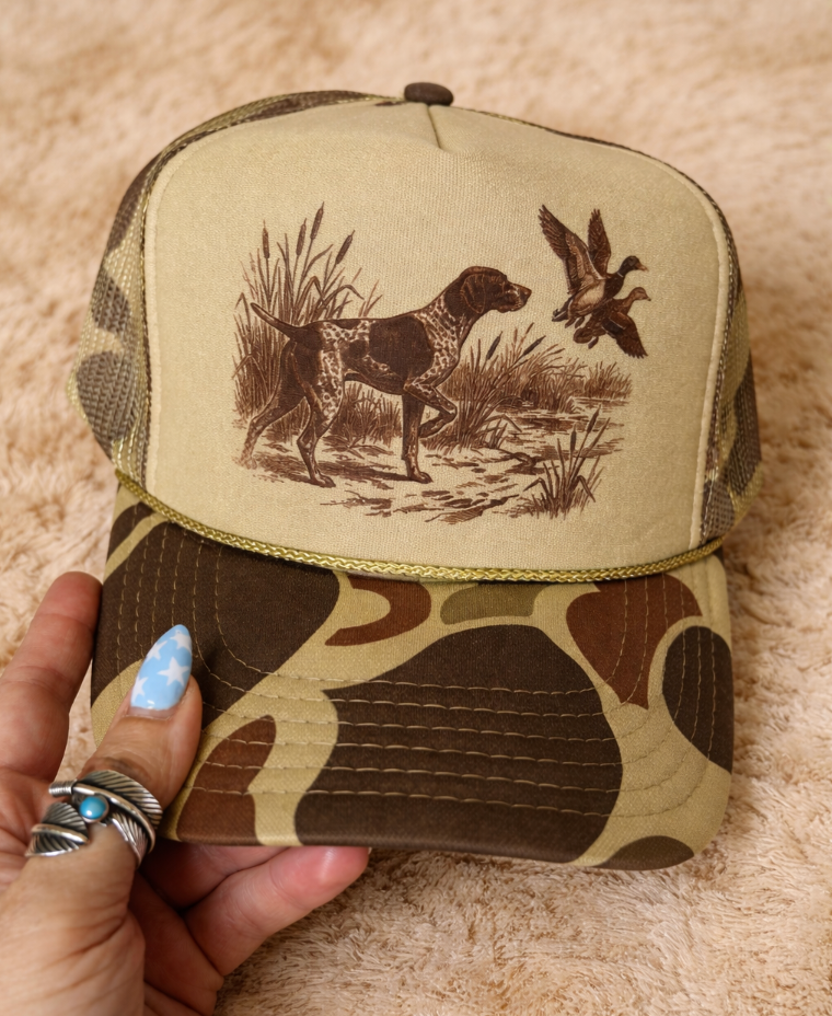 Duck Hunting Pointer Dog Camo Olive Foam Otto Trucker - Adult & Kids T-Shirts, Sweatshirts & Hoodies apparel design preview 1