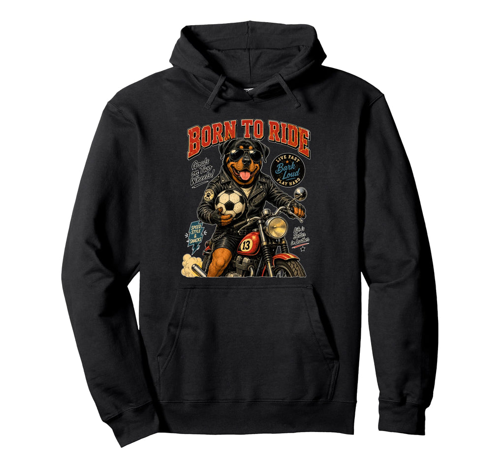Rottweiler Ride Motorbike Love Footbal Hoodie - Unique Graphic Unisex - T-Shirt, Sweatshirt, Hoodie