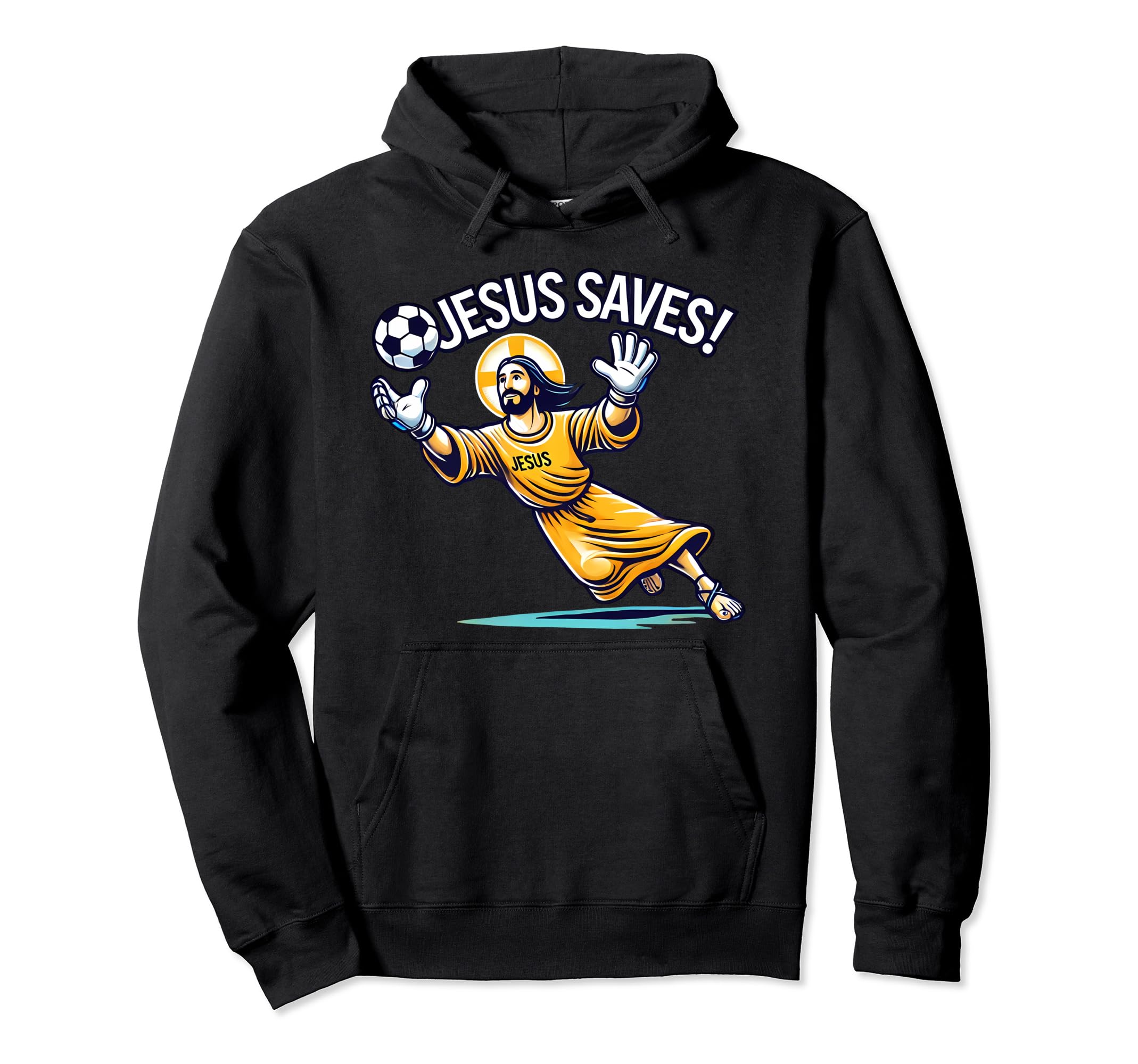 Funny Soccer Goalie Jesus Saves Hoodie - Minimalist Print for Adults - T-Shirt, Sweatshirt, Hoodie