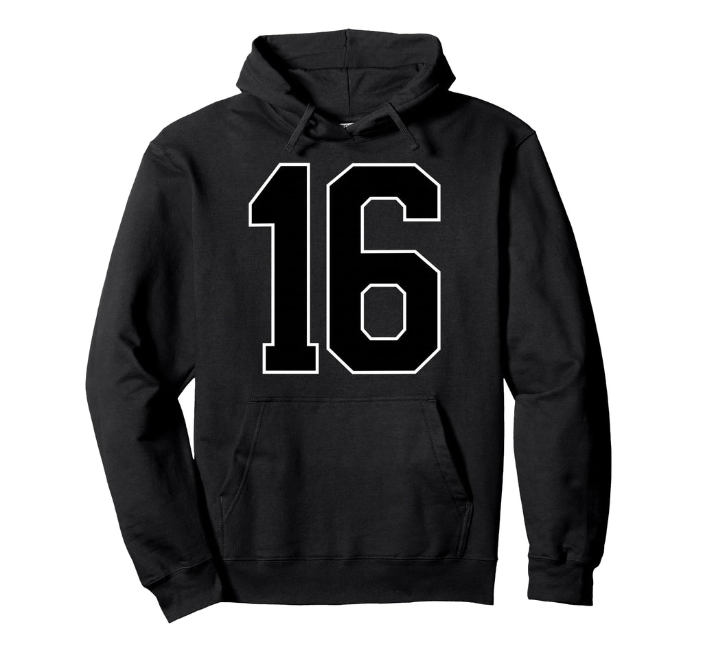 Black Sports Team Number 16 Fan Hoodie - Casual Everyday Wear Men Women - T-Shirt, Sweatshirt, Hoodie
