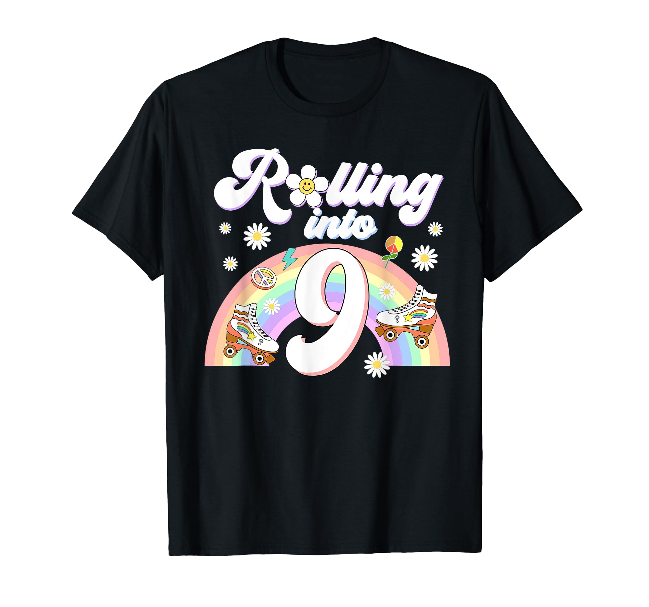 Rolling Into 9 Birthday Groovy 9Th Bday T-Shirt - Graphic Print for Adults - T-Shirt, Sweatshirt, Hoodie