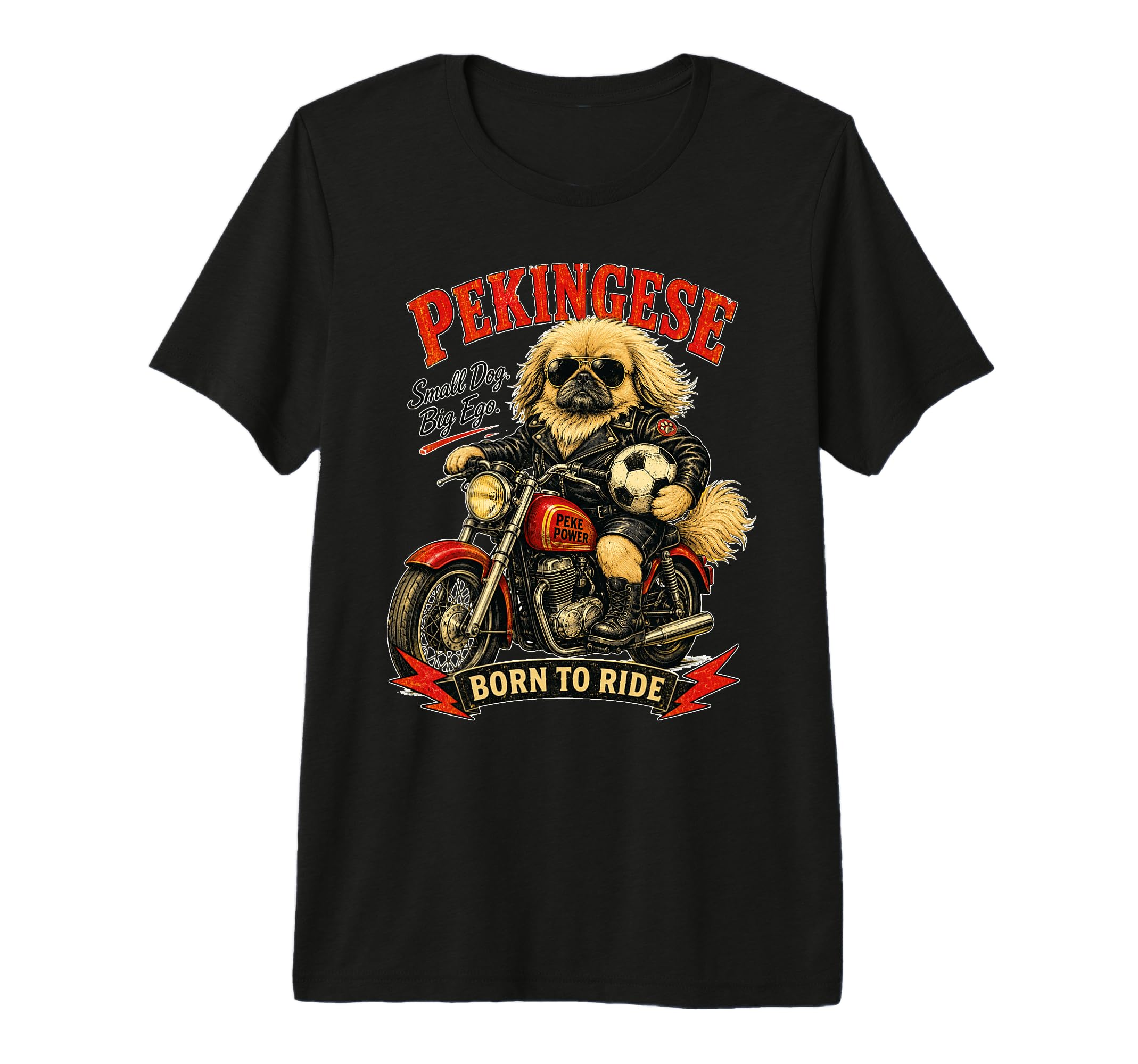 Pekingese Motorbike Love Footbal Soccer T-Shirt - Graphic Print for Adults - T-Shirt, Sweatshirt, Hoodie