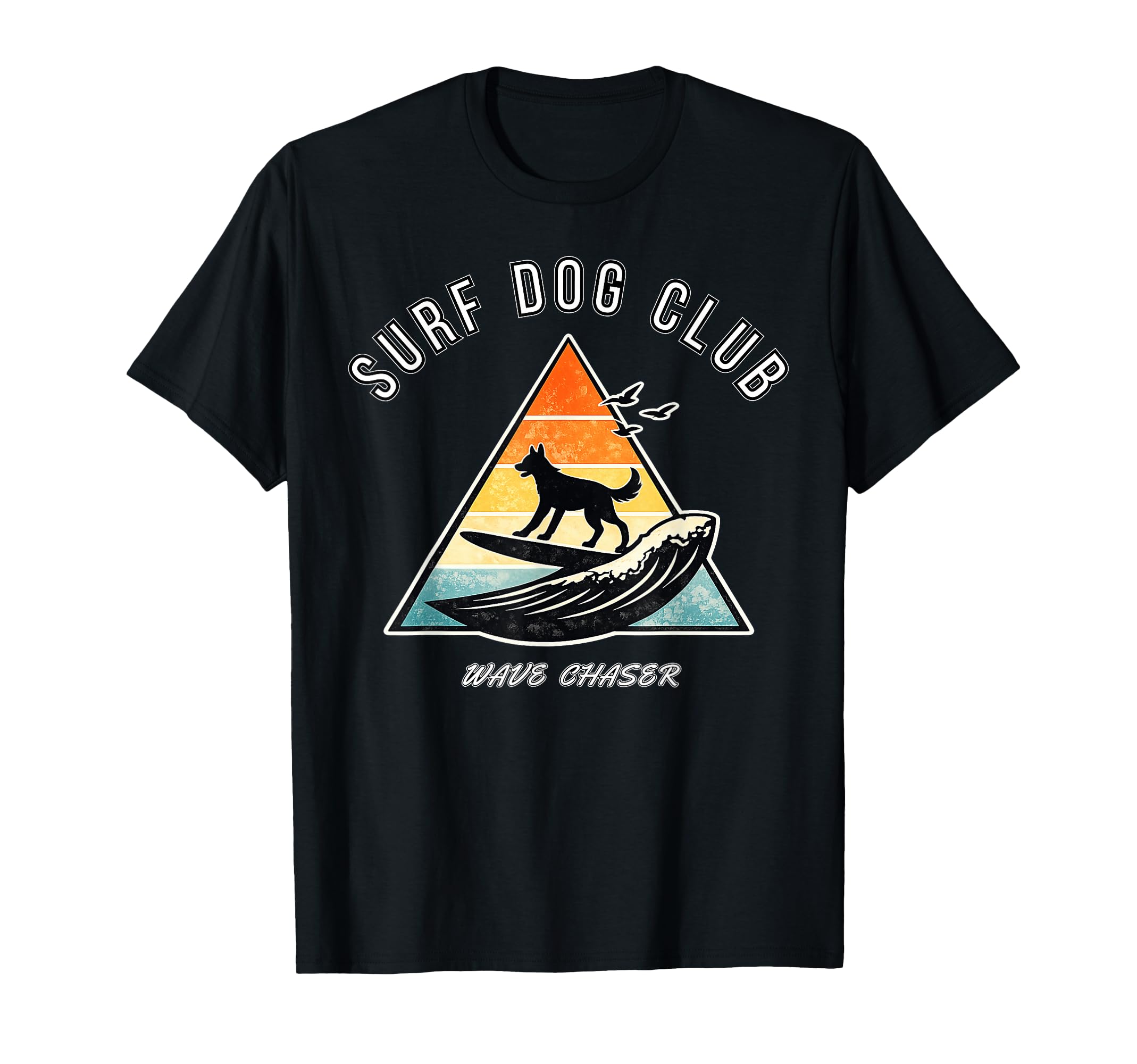 Surfing Dog Triangle Sunset Beach T-Shirt - Aesthetic Graphic for Adults - T-Shirt, Sweatshirt, Hoodie