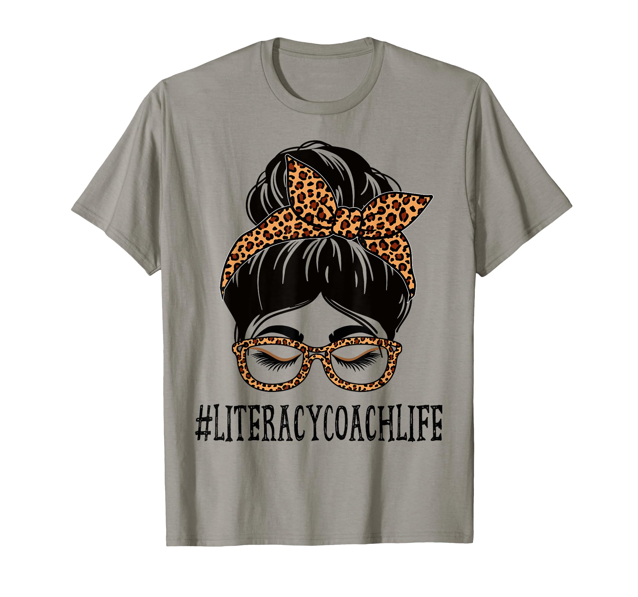 Literacy Coach Leopard Messy Bun T-Shirt - Minimalist Print for Adults - T-Shirt, Sweatshirt, Hoodie