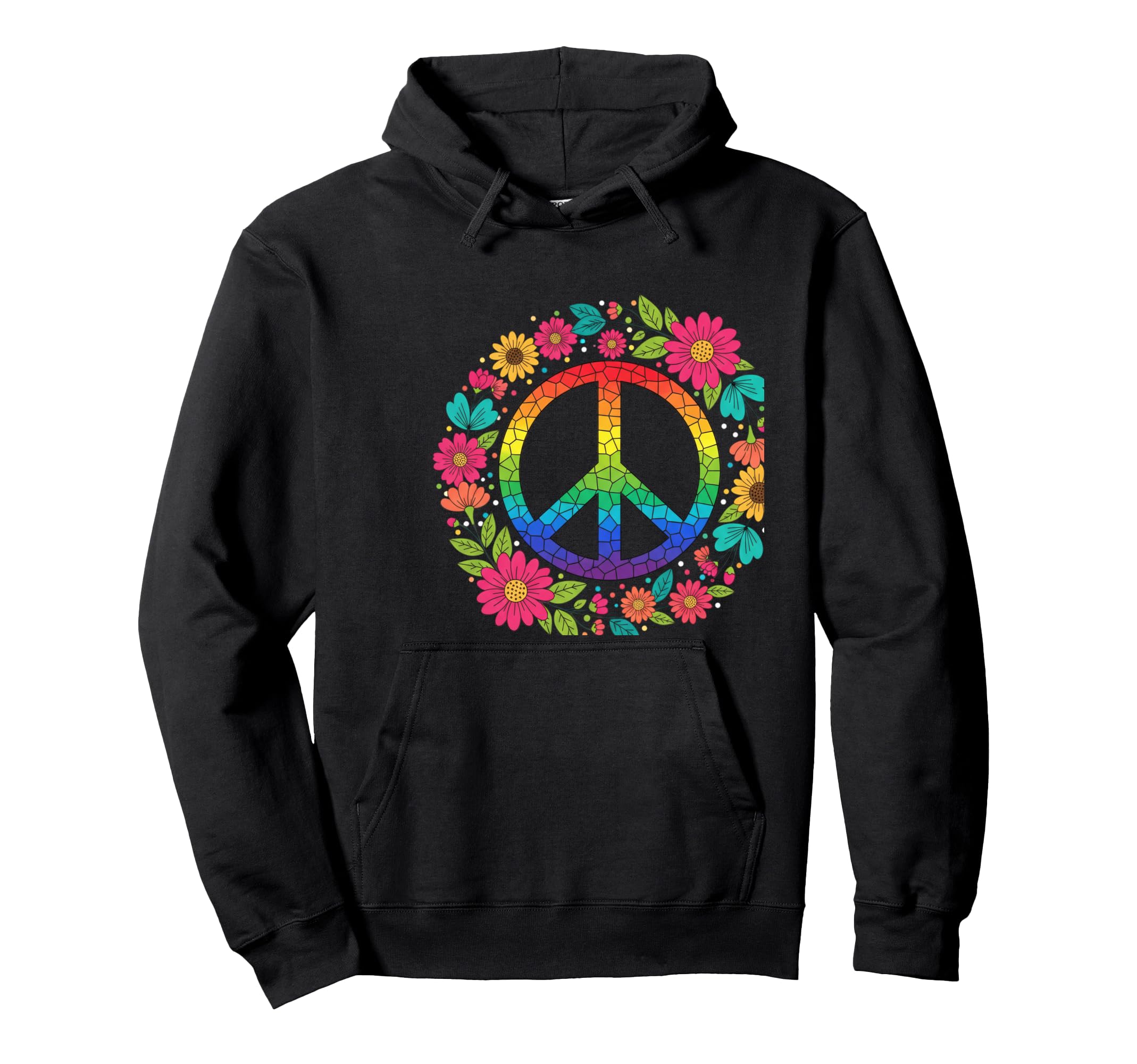 Peace Sign Floral Hippie Rainbow Mosaic Hoodie - Aesthetic Graphic Unisex - T-Shirt, Sweatshirt, Hoodie
