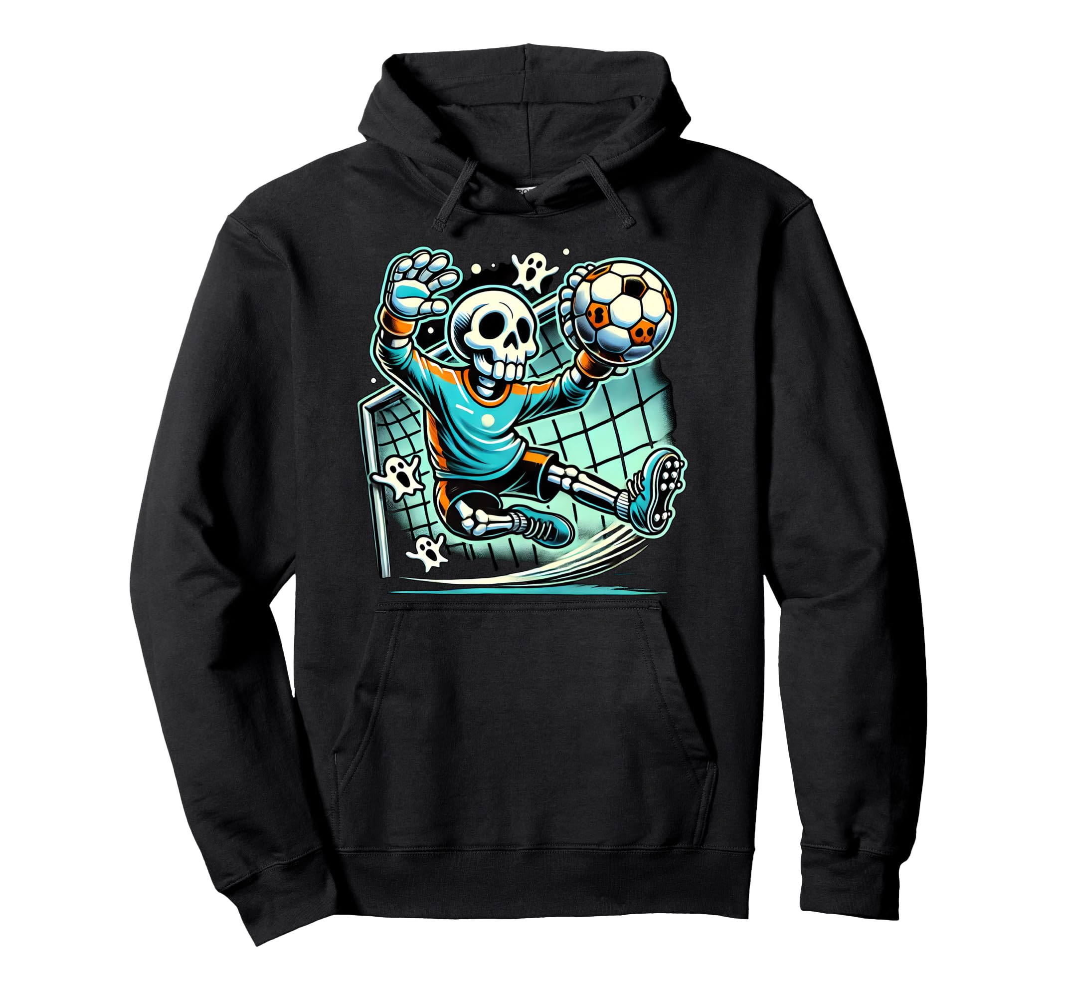 Halloween Skeleton Goalie Soccer Hoodie - Unique Graphic Unisex - T-Shirt, Sweatshirt, Hoodie