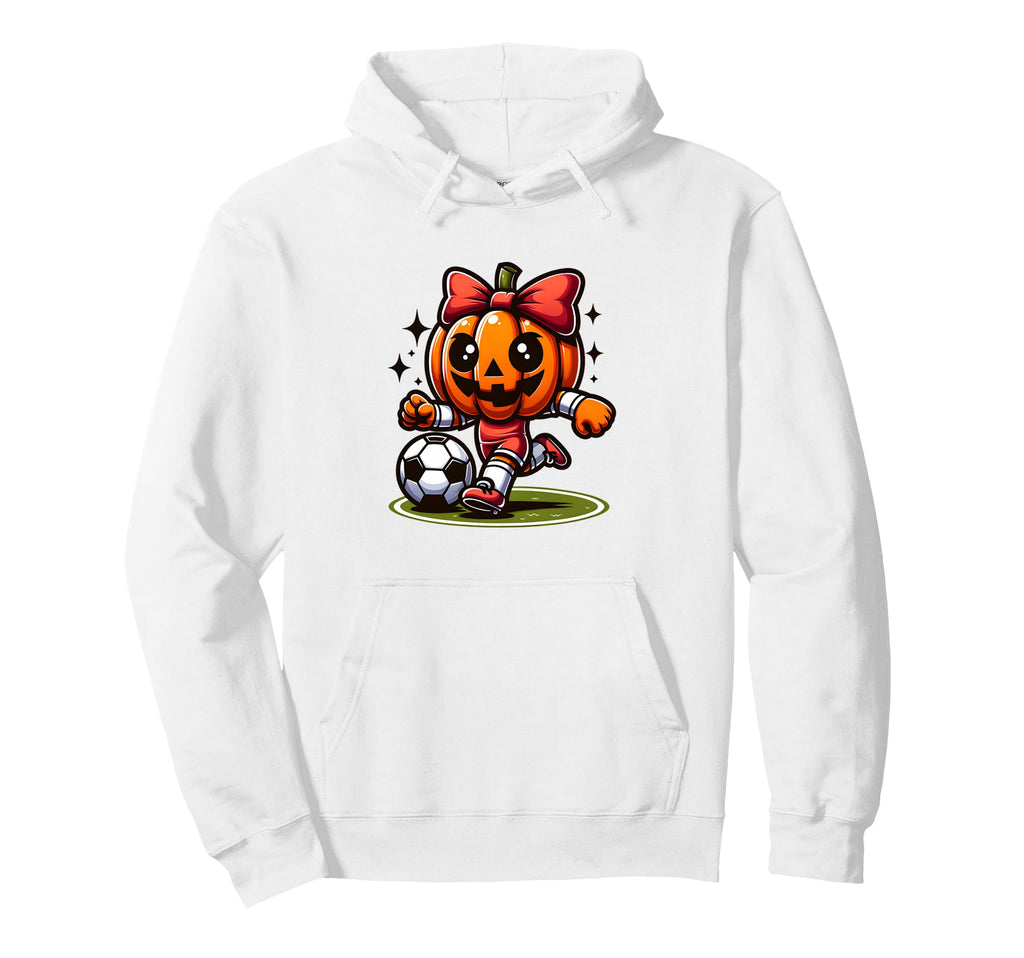Halloween Soccer Pumpkin Coquette Bow Hoodie - Unique Graphic Unisex - T-Shirt, Sweatshirt, Hoodie