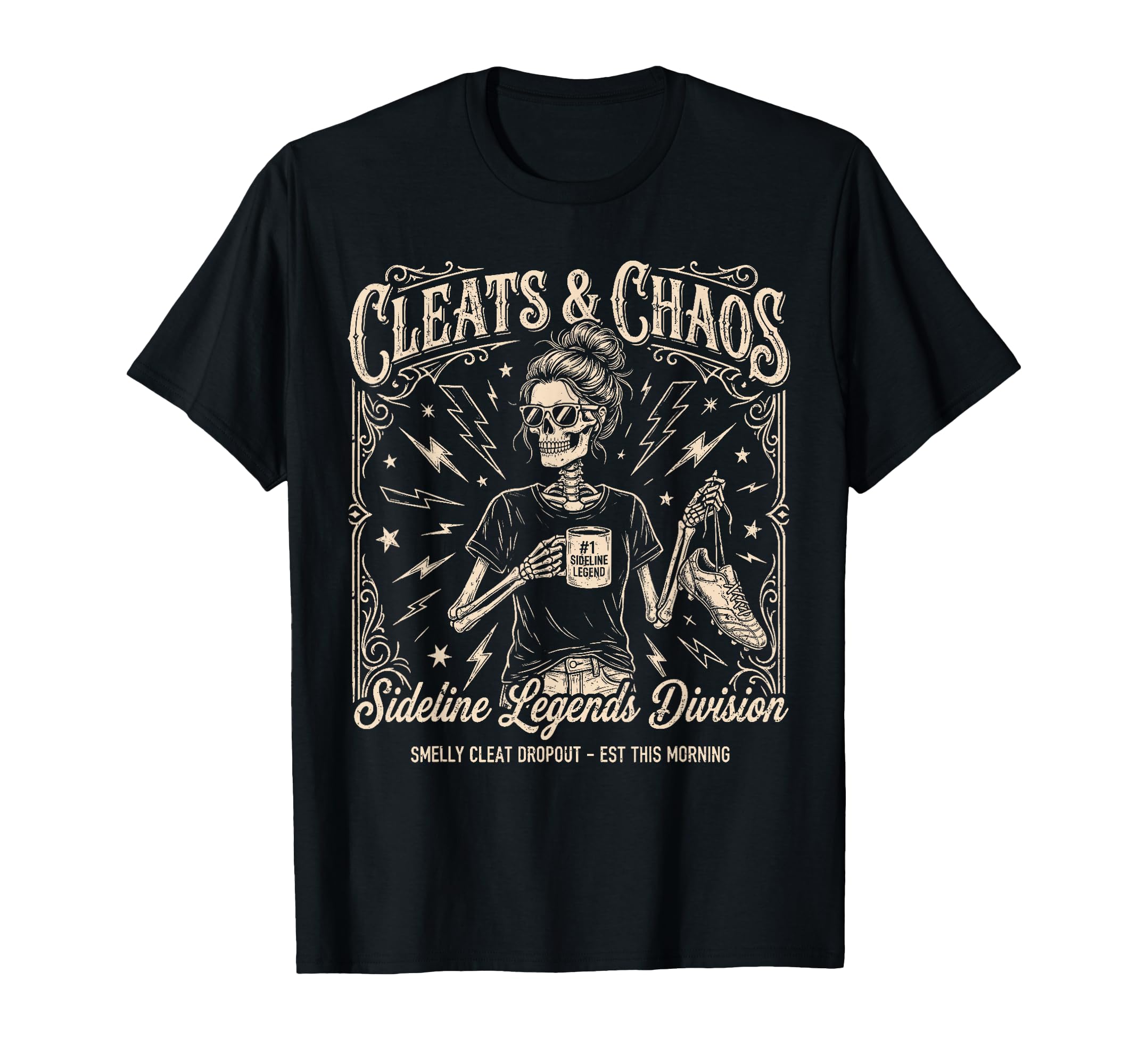 Cleats Chaos Skeleton Soccer Mom T-Shirt - Graphic Print for Adults - T-Shirt, Sweatshirt, Hoodie