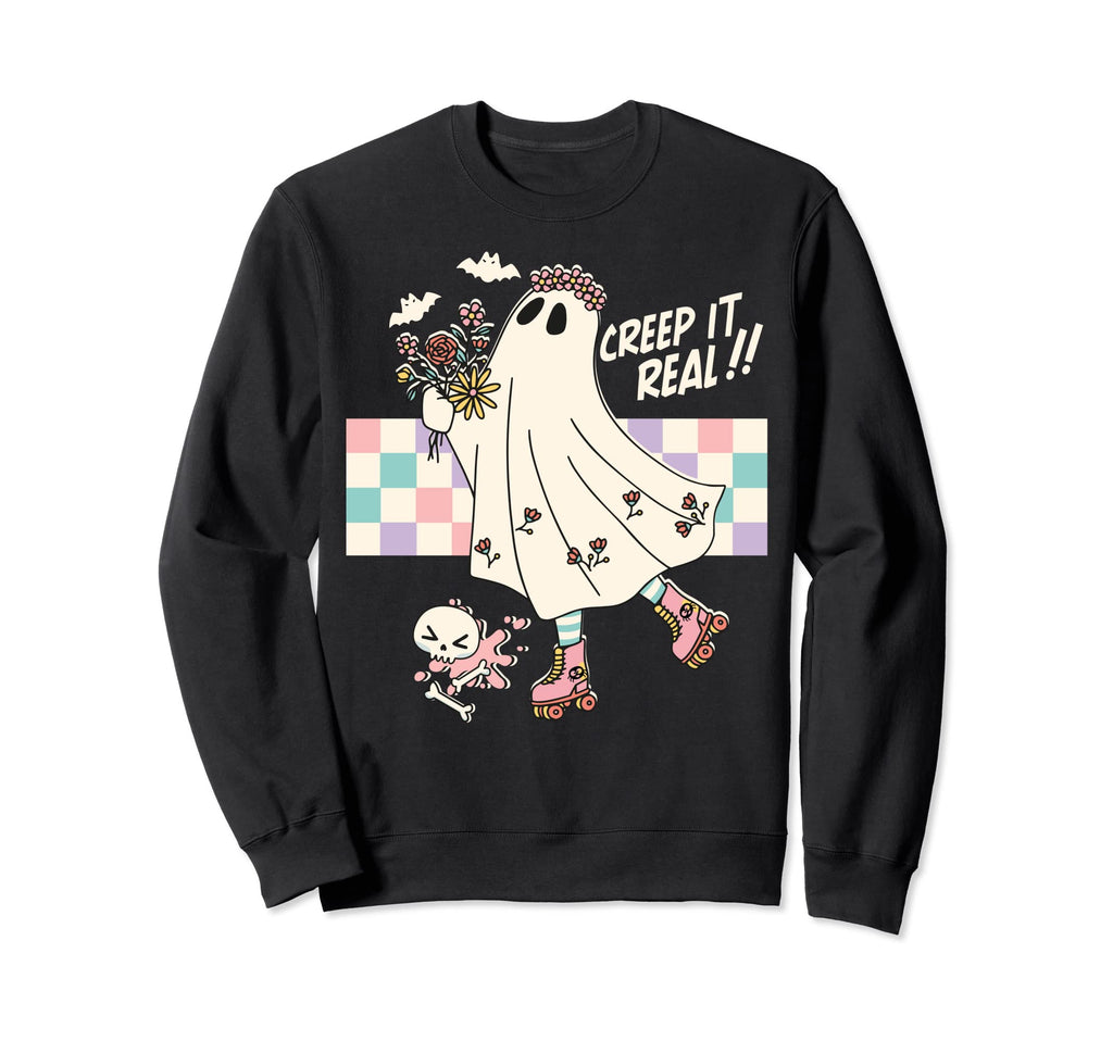 Roller Skate Spooky Creep It Real Ghost Sweatshirt - Trendy Graphic Unisex - T-Shirt, Sweatshirt, Hoodie
