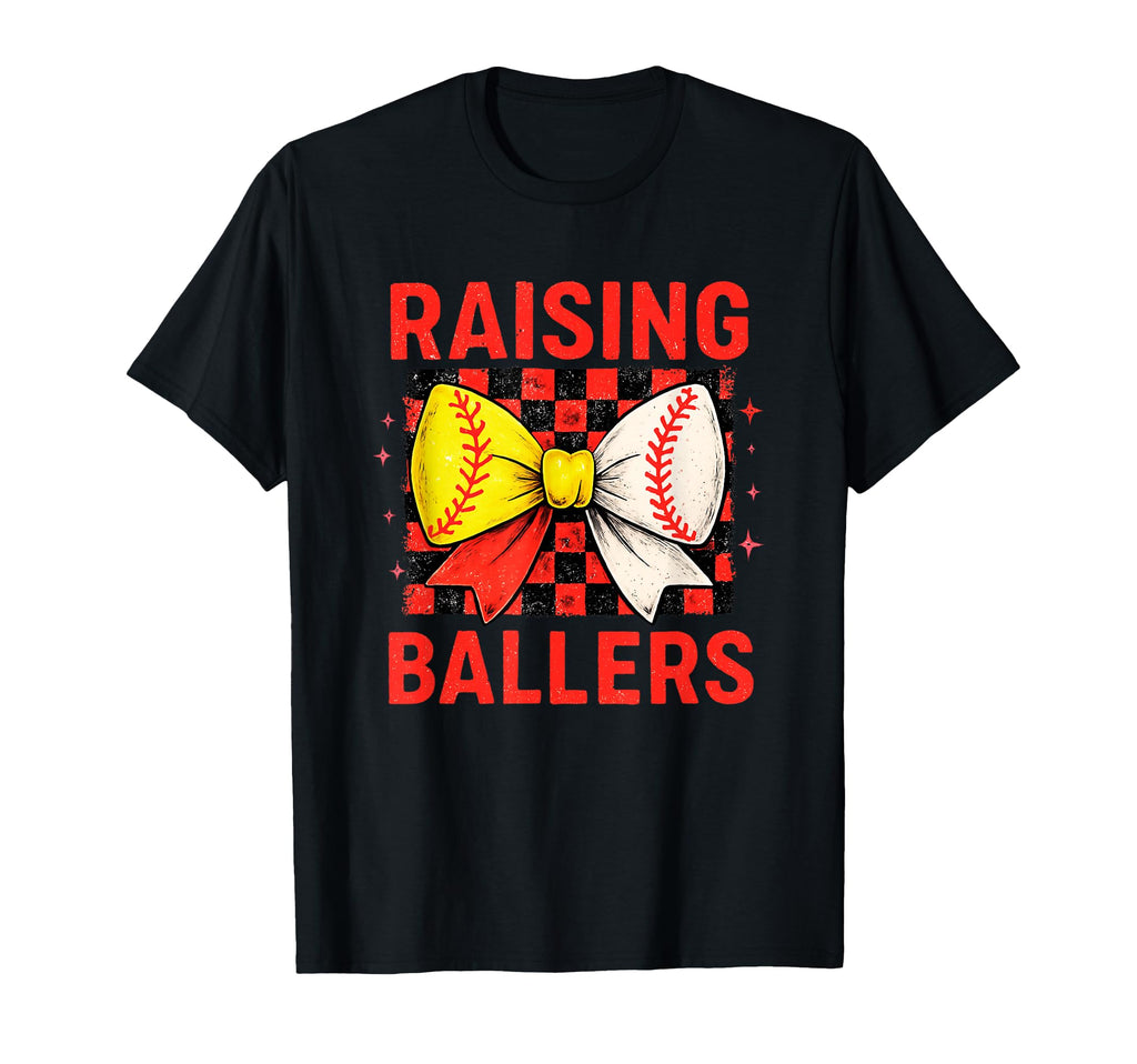 Raising Ballers Checkered Bow T-Shirt - Fun Novelty Design Unisex - T-Shirt, Sweatshirt, Hoodie