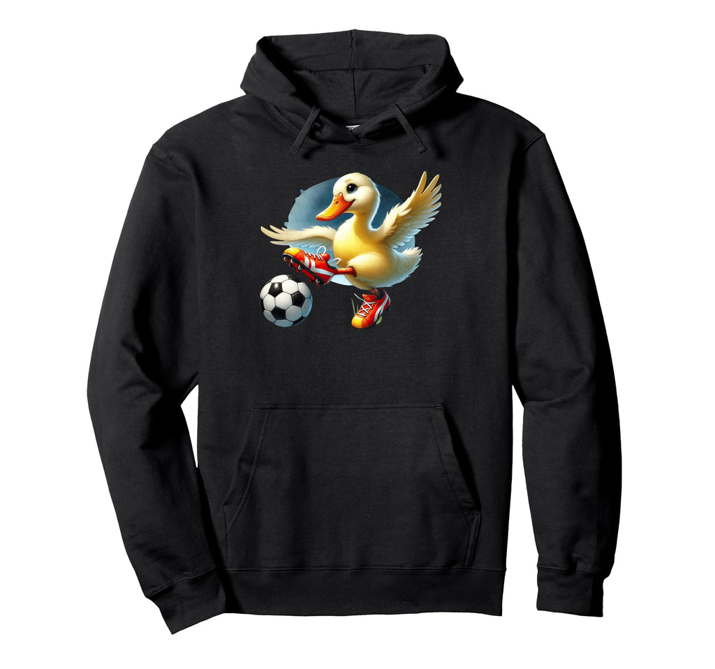 Cartoon Duck Soccer Player Kicking Ball Hoodie - Unique Graphic Men Women - T-Shirt, Sweatshirt, Hoodie
