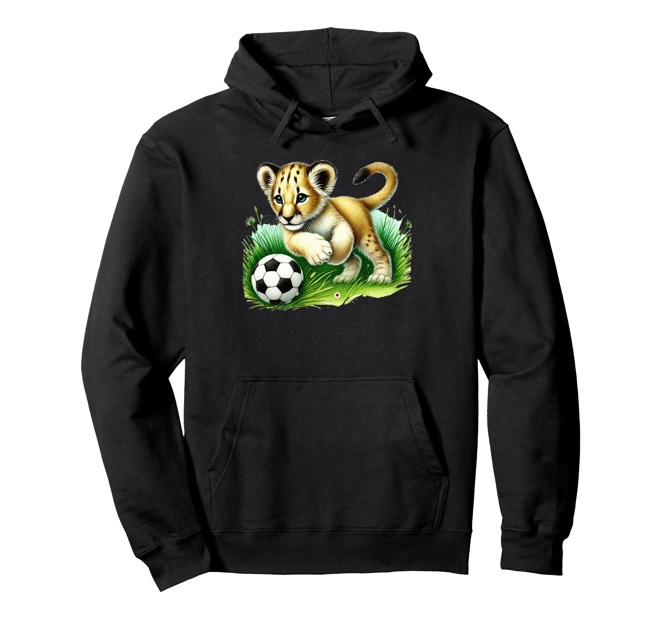 Adorable Lion Cub Kicking Soccer Ball Hoodie - Minimalist Print Unisex - T-Shirt, Sweatshirt, Hoodie