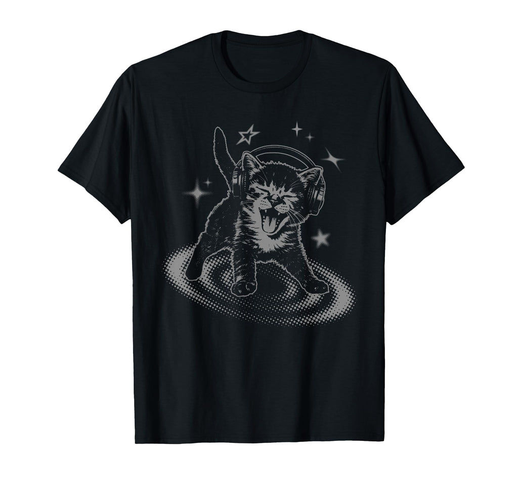 Y2K Cat Headphones Stars Silly 90S T-Shirt - Aesthetic Graphic for Adults - T-Shirt, Sweatshirt, Hoodie