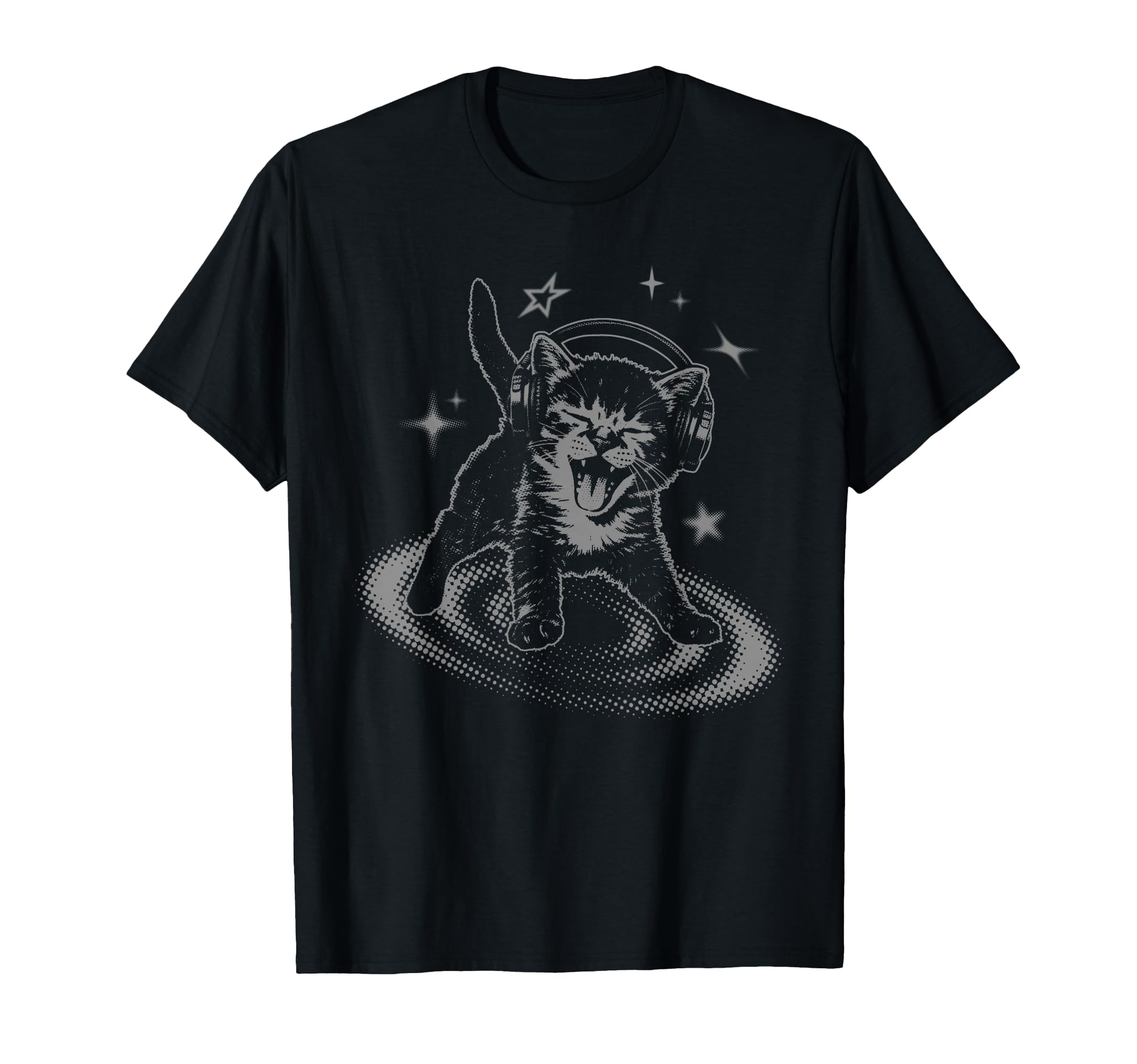 Y2K Cat Headphones Stars Silly 90S T-Shirt - Aesthetic Graphic for Adults - T-Shirt, Sweatshirt, Hoodie