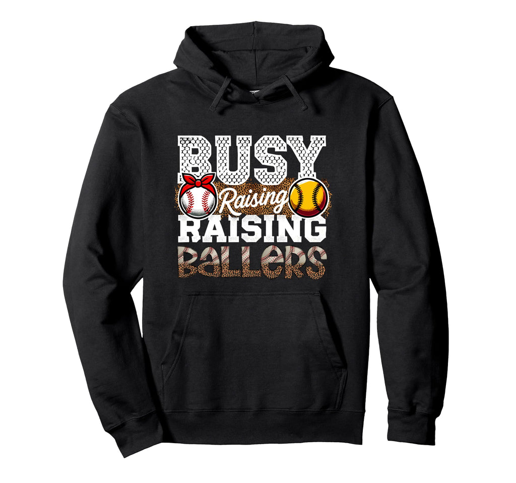 Busy Raising Ballers Leopard Softball Hoodie - Novelty Apparel for Adults - T-Shirt, Sweatshirt, Hoodie