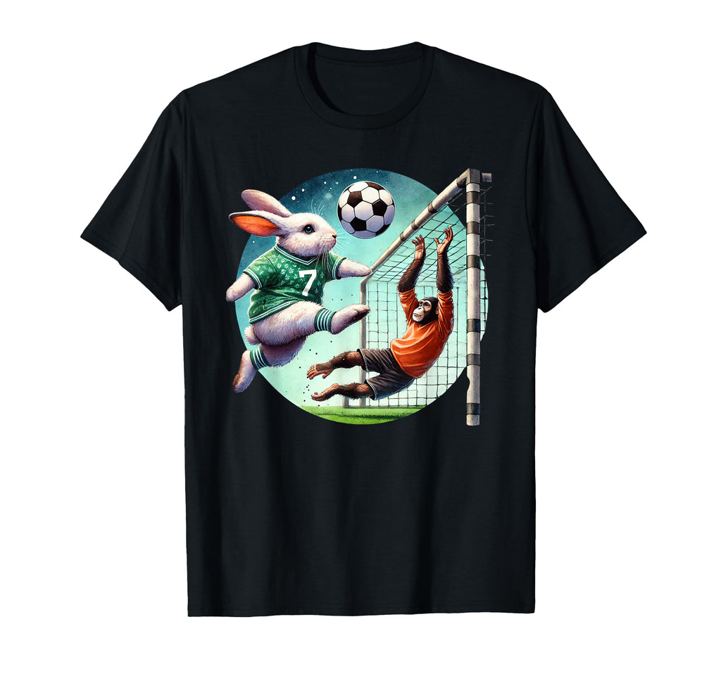 Bunny Kicks Soccer Ball Past Chimp T-Shirt - Trendy Graphic for Adults - T-Shirt, Sweatshirt, Hoodie