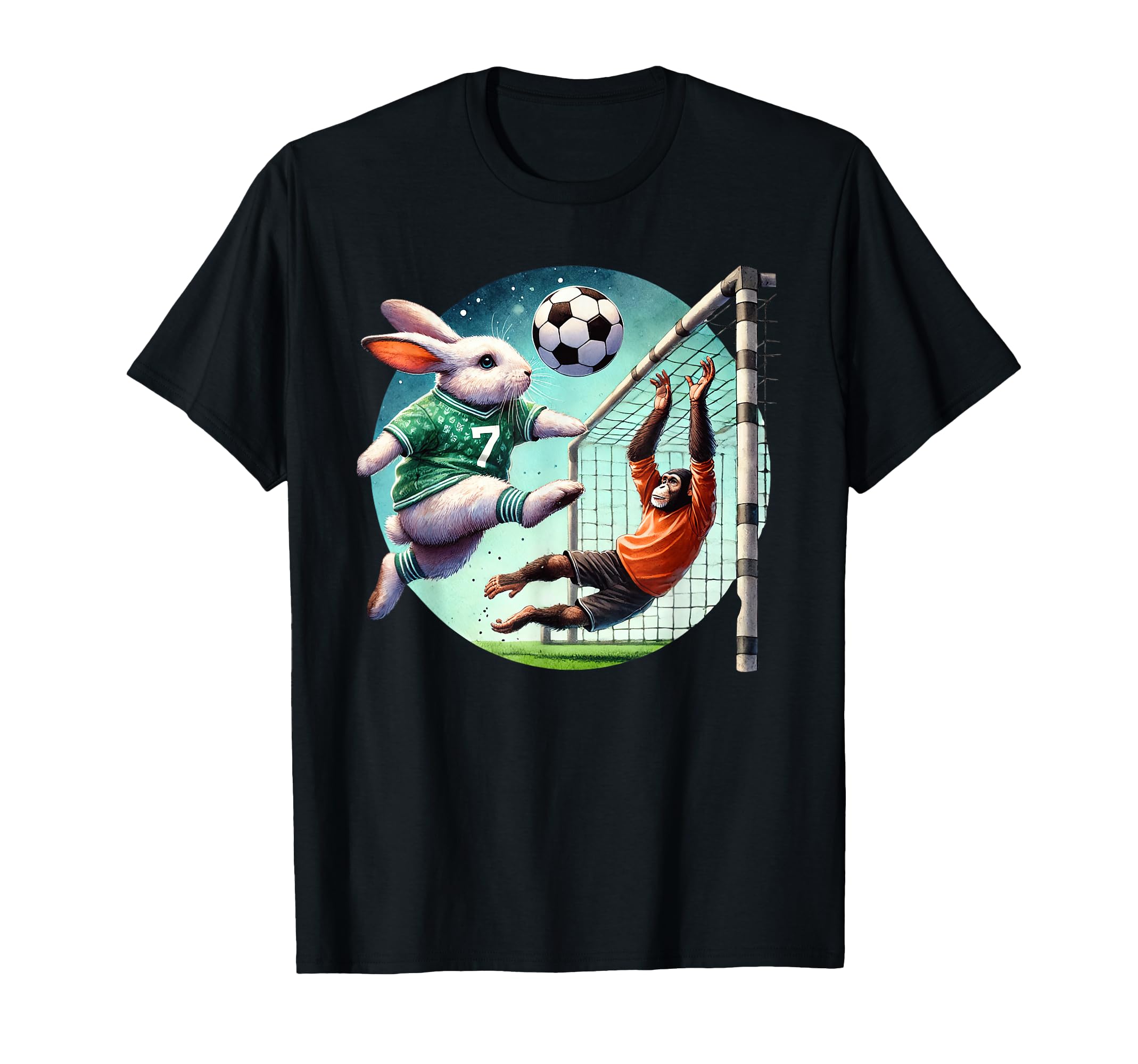 Bunny Kicks Soccer Ball Past Chimp T-Shirt - Trendy Graphic for Adults - T-Shirt, Sweatshirt, Hoodie
