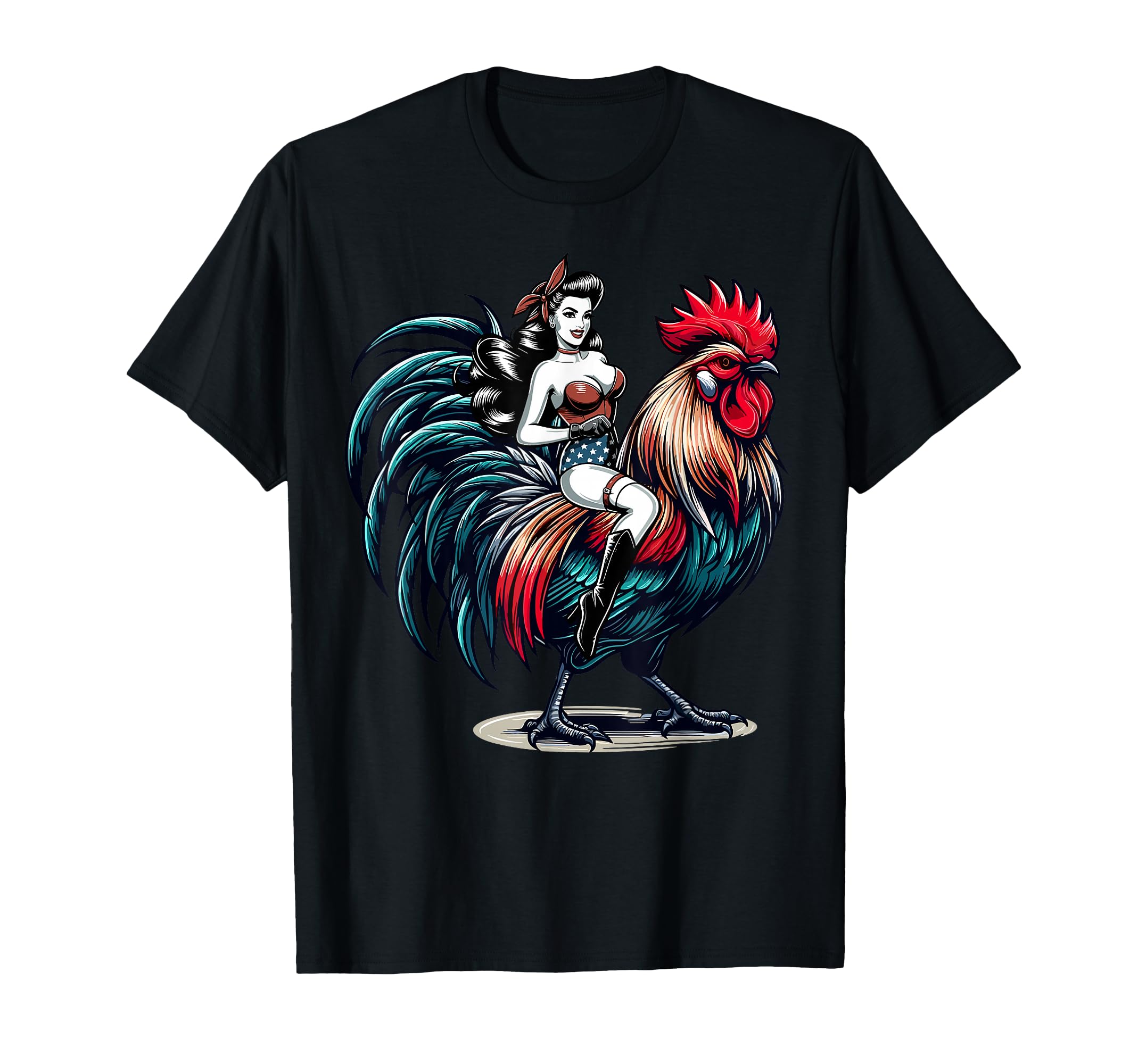Pin Up Riding Rooster Patriotic T-Shirt - Casual Everyday Wear Unisex - T-Shirt, Sweatshirt, Hoodie