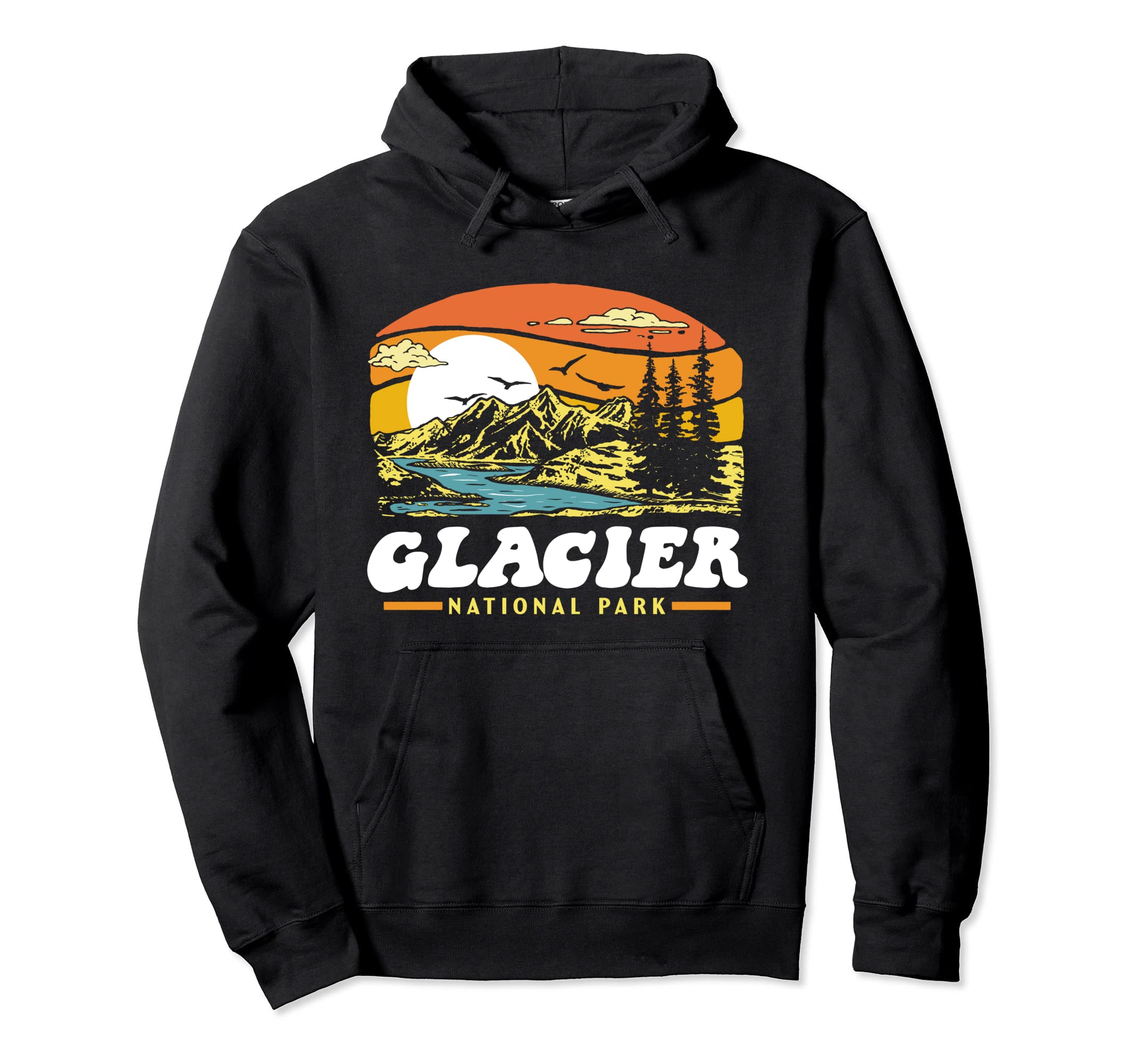 Glacier National Park 80S Mountains Sun Hoodie - Unique Graphic for Adults - T-Shirt, Sweatshirt, Hoodie