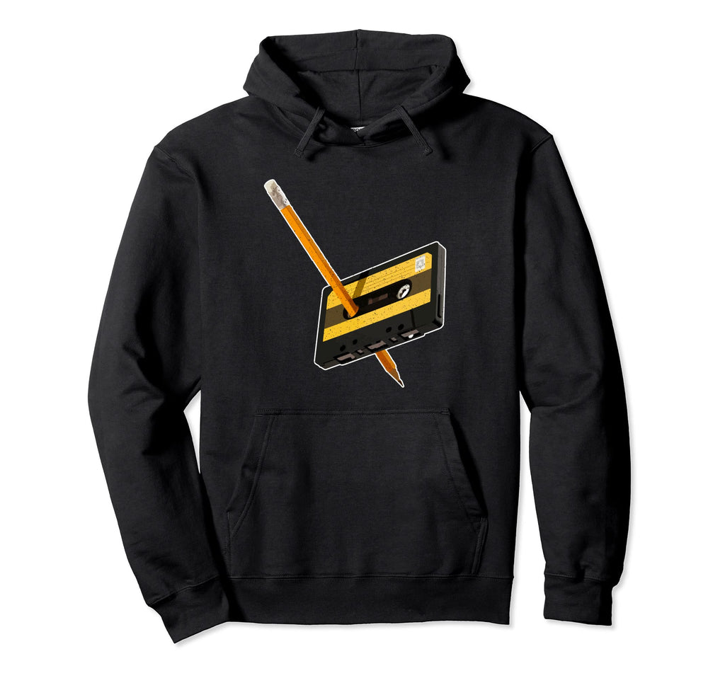 Funny 80S 90S Cassette Pencil Rewind Hoodie - Fun Novelty Design Men Women - T-Shirt, Sweatshirt, Hoodie