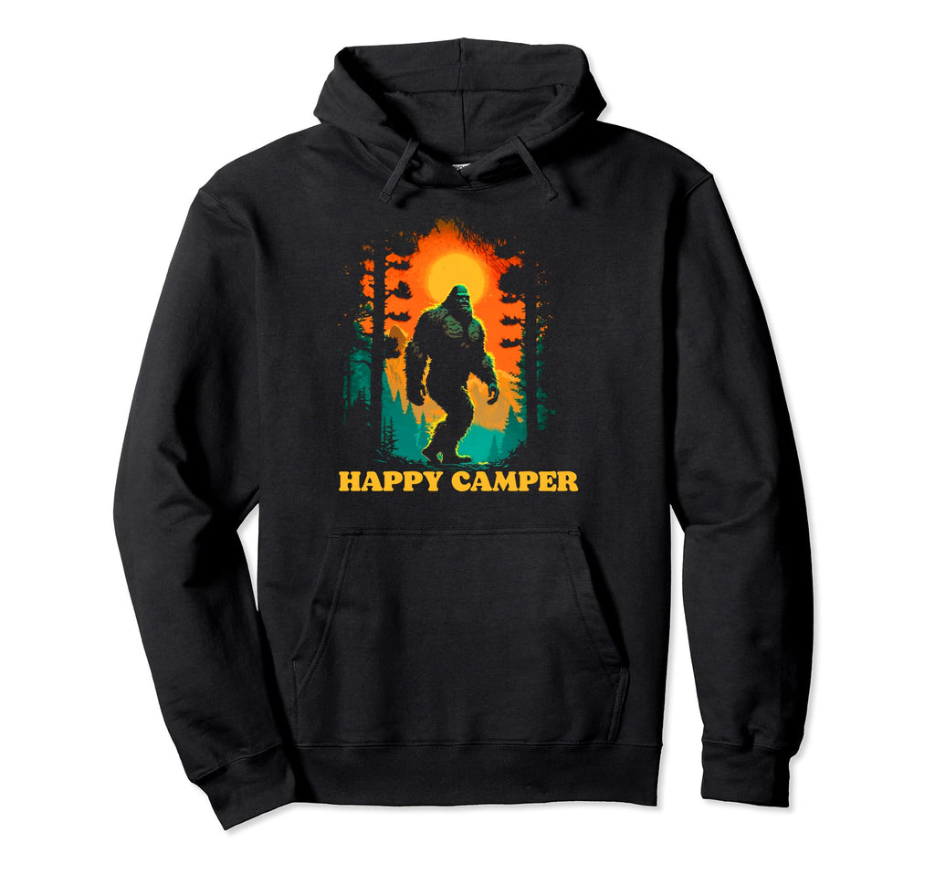 Happy Camper Funny Bigfoot Hiking Hoodie - Minimalist Print Men Women - T-Shirt, Sweatshirt, Hoodie