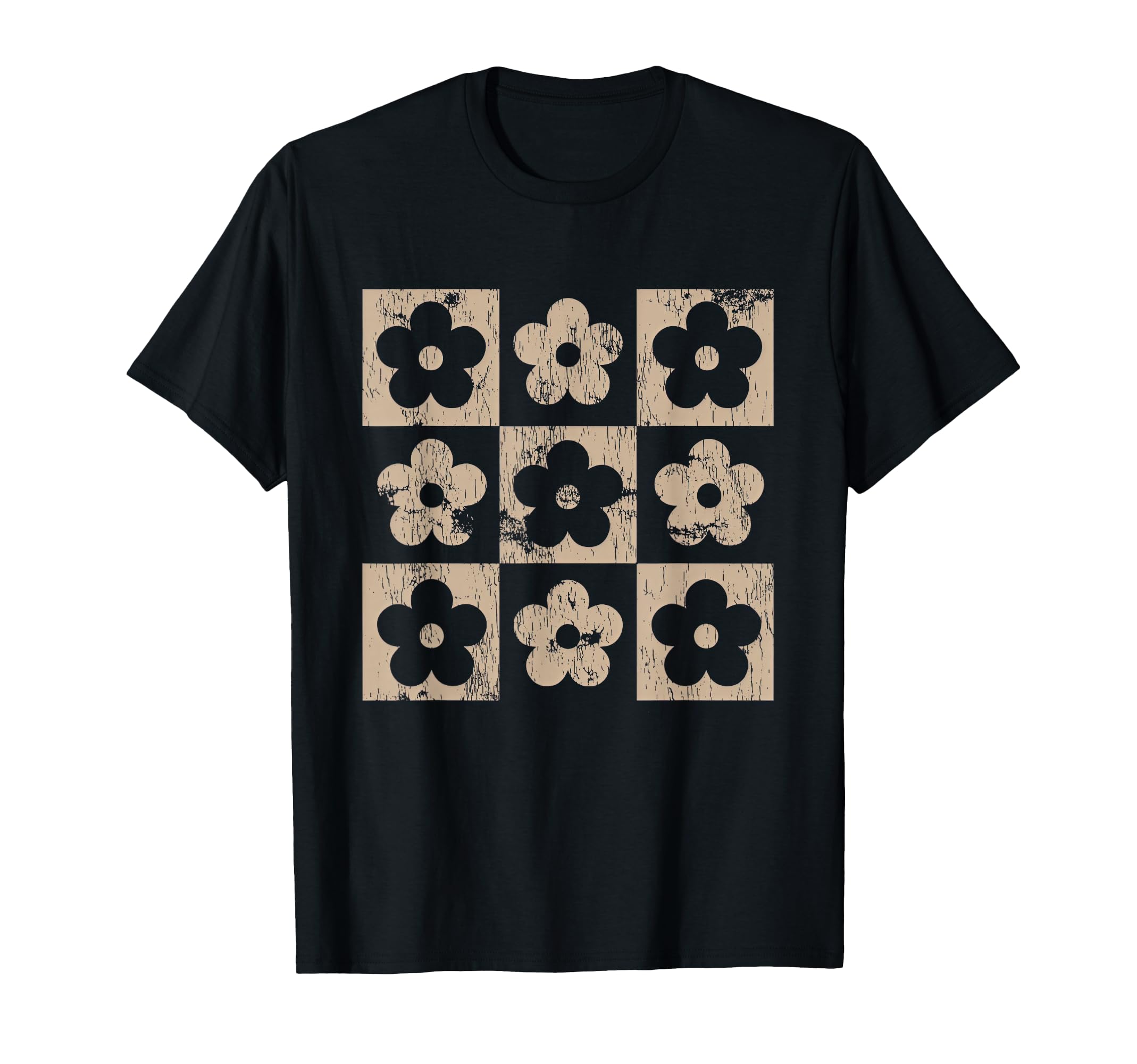 Neutral Checkerboard Daisy Flowers Boho T-Shirt - Trendy Graphic Unisex - T-Shirt, Sweatshirt, Hoodie