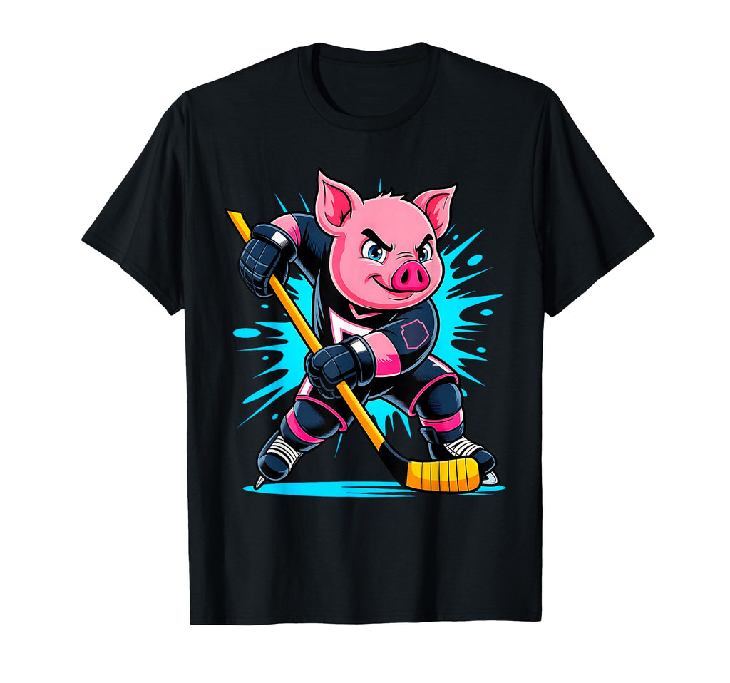 Pig Ice Hockey Player Stick T-Shirt - Aesthetic Graphic for Adults - T-Shirt, Sweatshirt, Hoodie