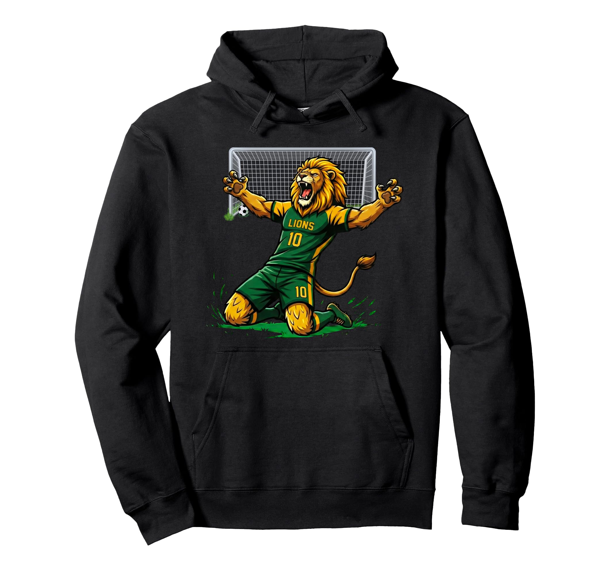 Lion Soccer Player Score Goal Knee Hoodie - Fun Novelty Design for Adults - T-Shirt, Sweatshirt, Hoodie