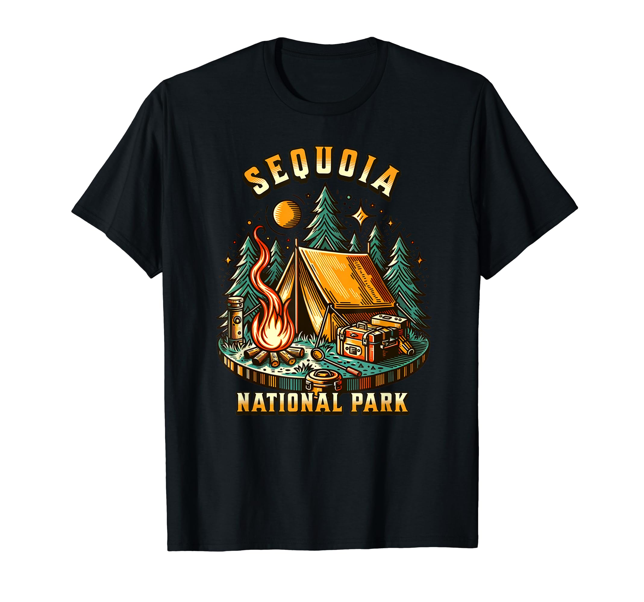 Camping Forest Tent Campfire Sequoia T-Shirt - Novelty Apparel Unisex - T-Shirt, Sweatshirt, Hoodie