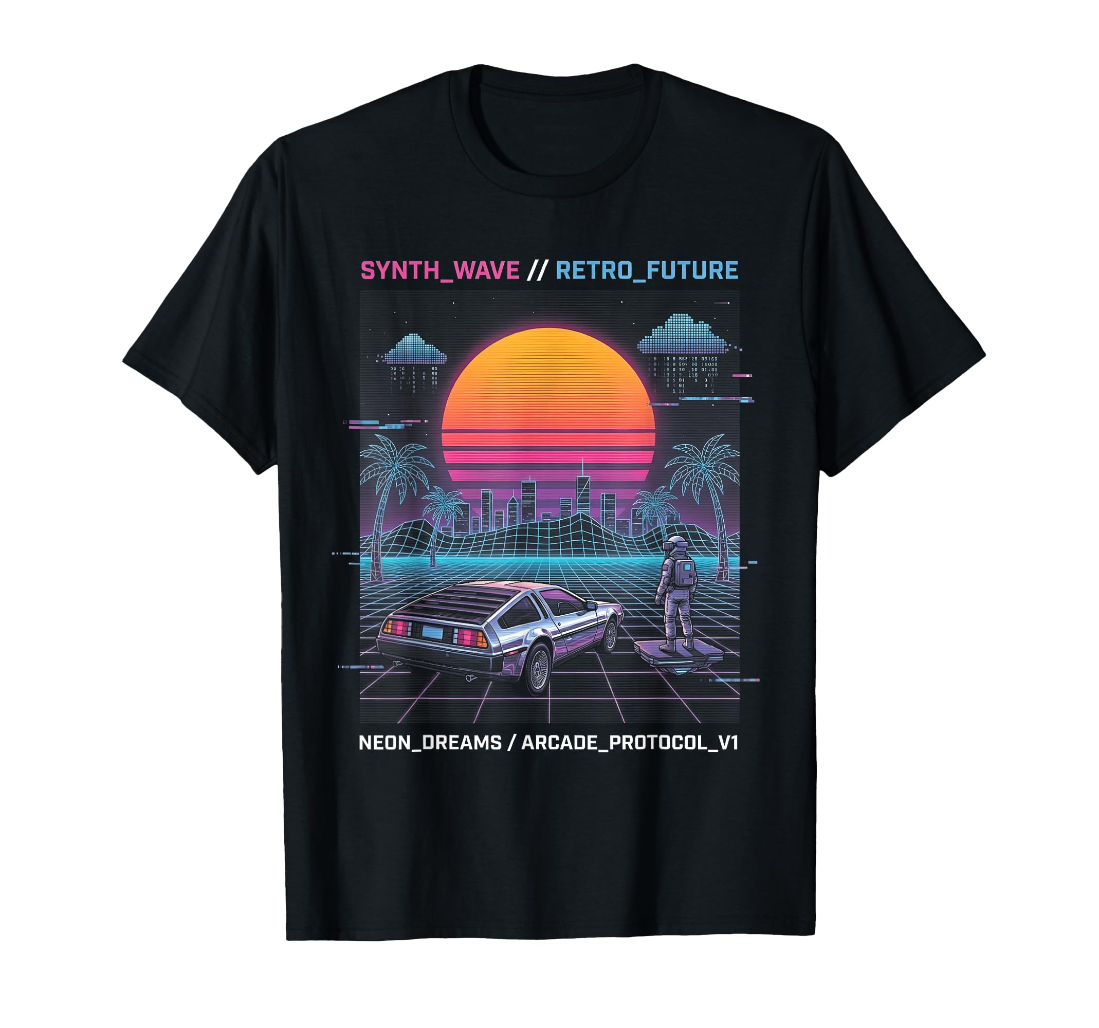 Future Synthwave Car Astronaut City T-Shirt - Novelty Apparel Unisex - T-Shirt, Sweatshirt, Hoodie