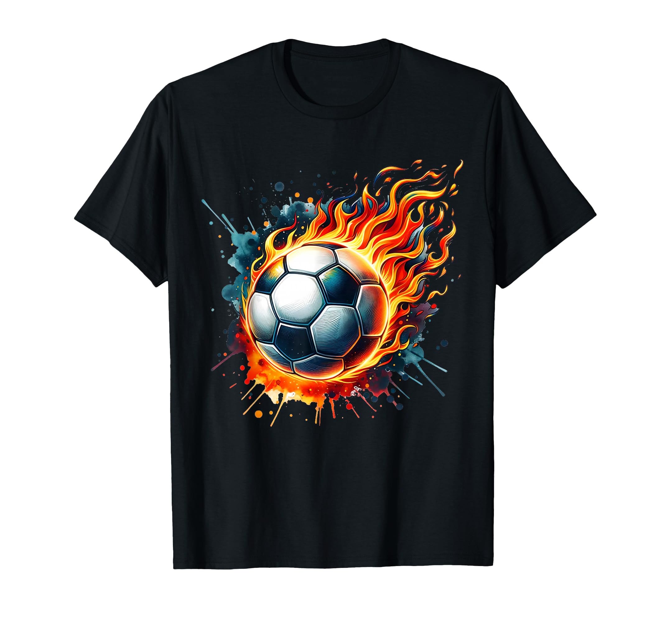 Flaming Soccer Ball Fire Colorful Splash T-Shirt - Graphic Print Men Women - T-Shirt, Sweatshirt, Hoodie